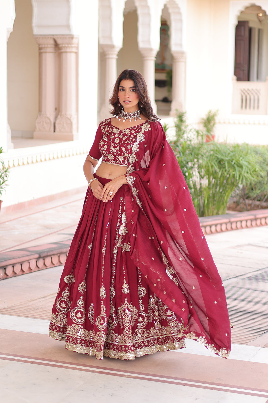 Rumi Maroon Color Vichitra Silk Heavy Sequins Thread Embroidery Lehenga Choli