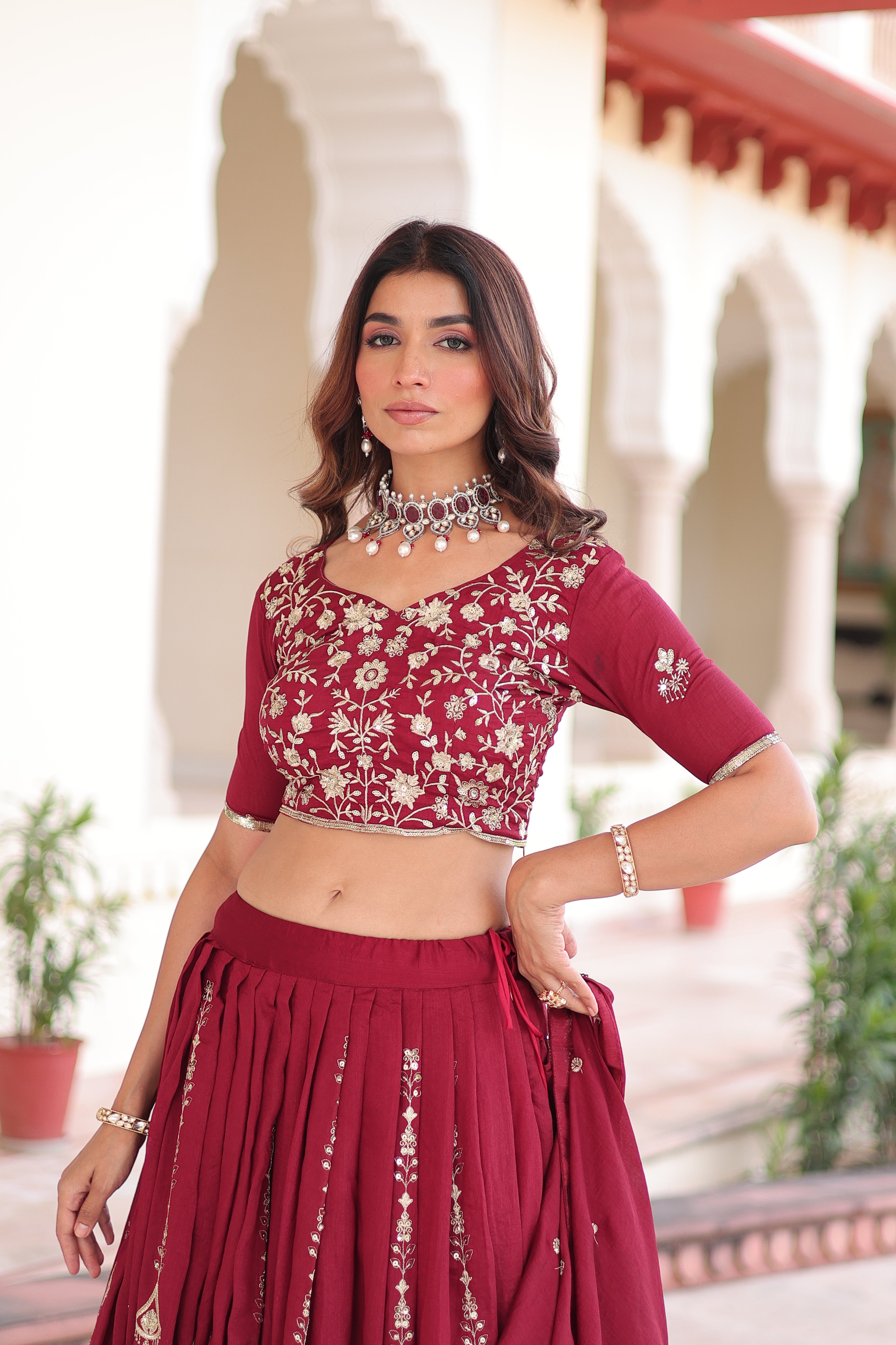 Rumi Maroon Color Vichitra Silk Heavy Sequins Thread Embroidery Lehenga Choli