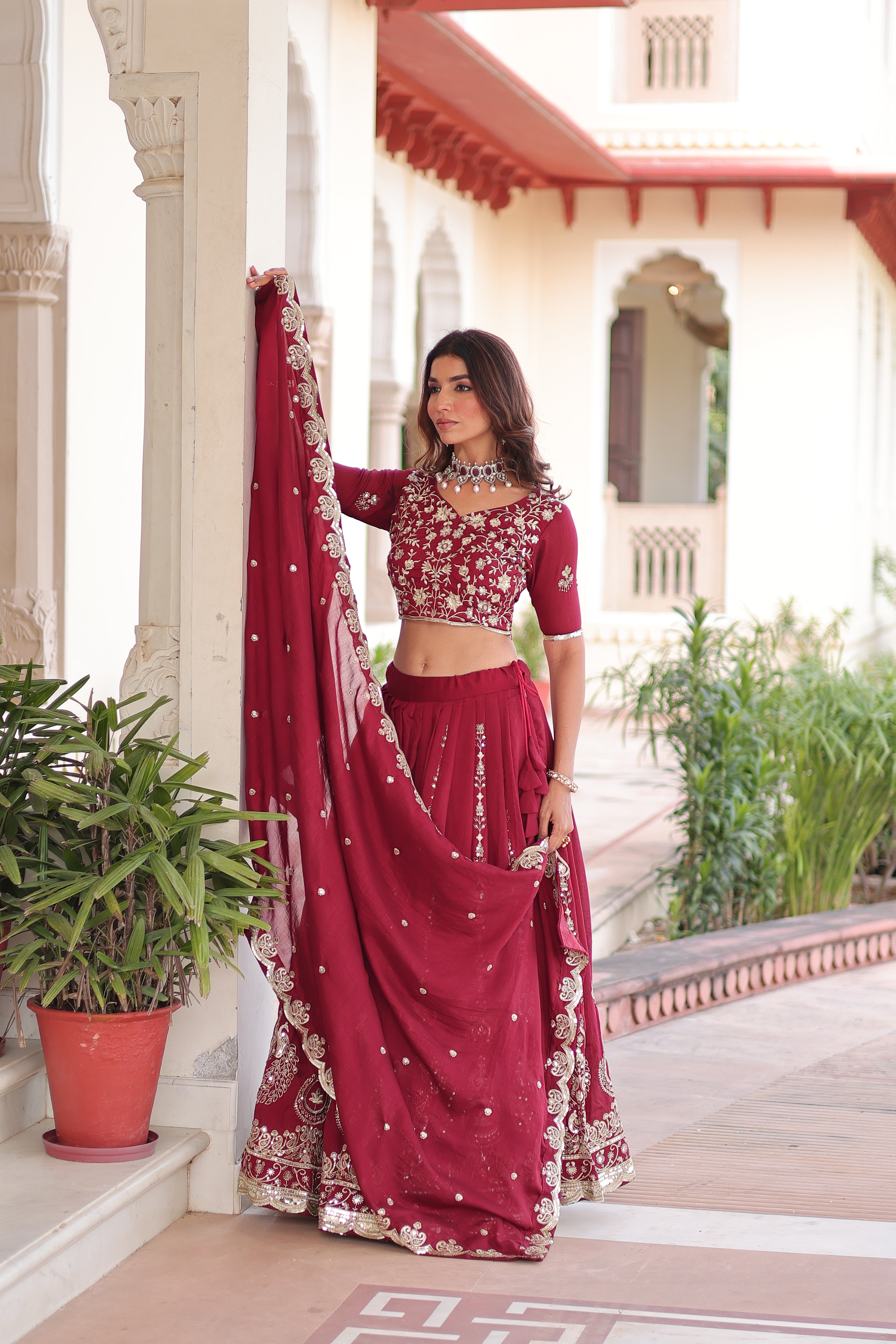 Rumi Maroon Color Vichitra Silk Heavy Sequins Thread Embroidery Lehenga Choli