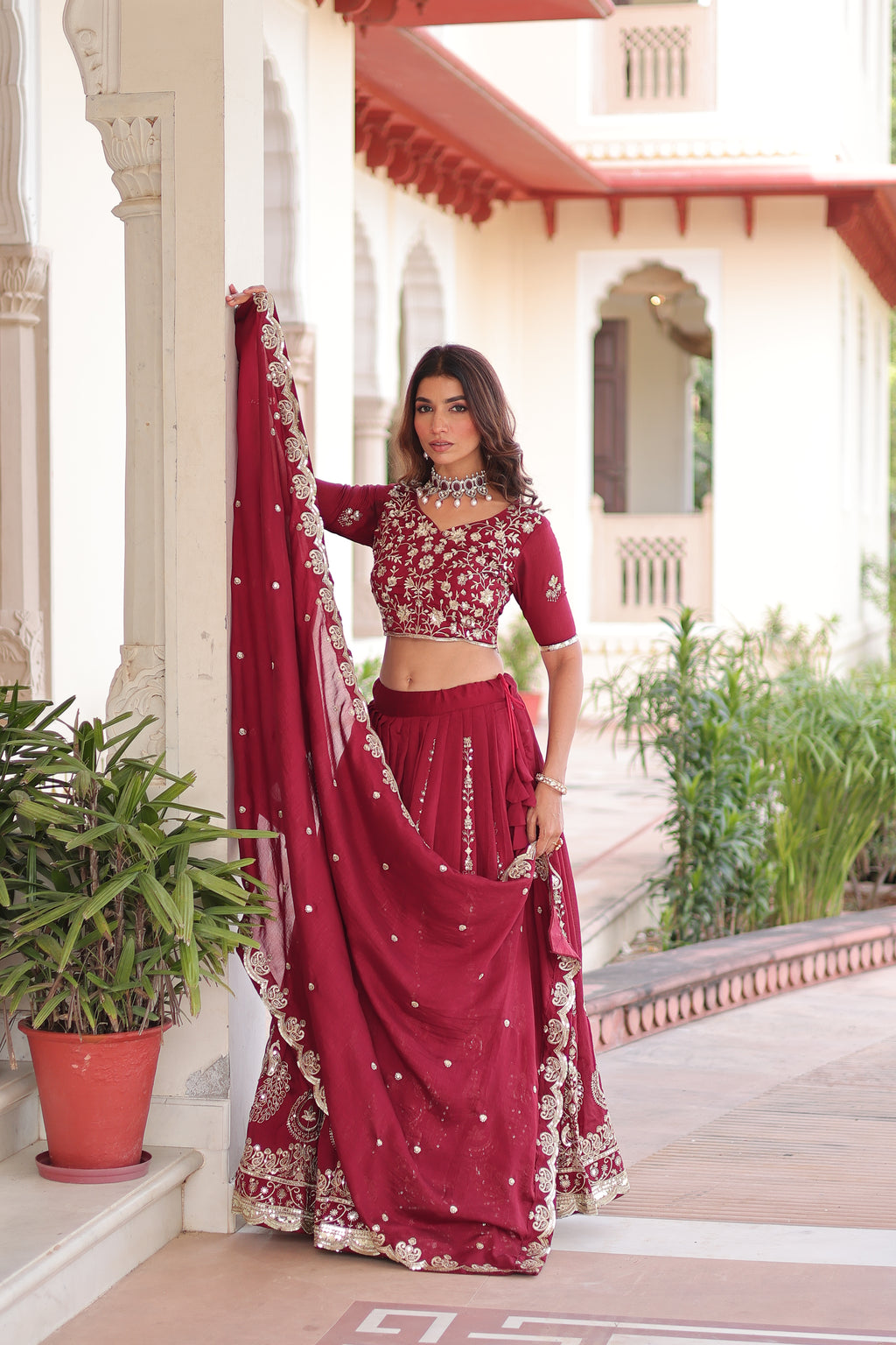 Rumi Maroon Color Vichitra Silk Heavy Sequins Thread Embroidery Lehenga Choli