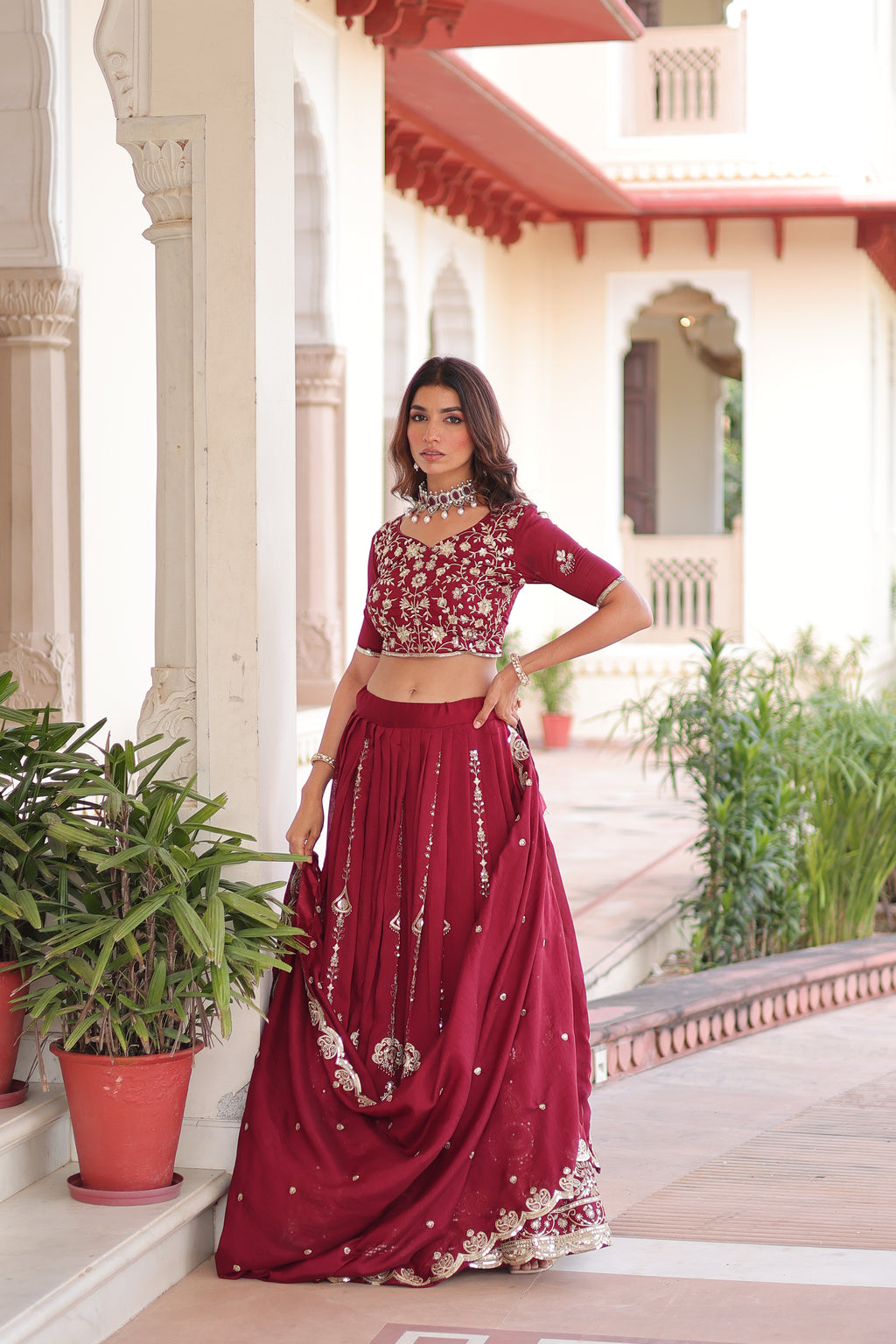 Rumi Maroon Color Vichitra Silk Heavy Sequins Thread Embroidery Lehenga Choli