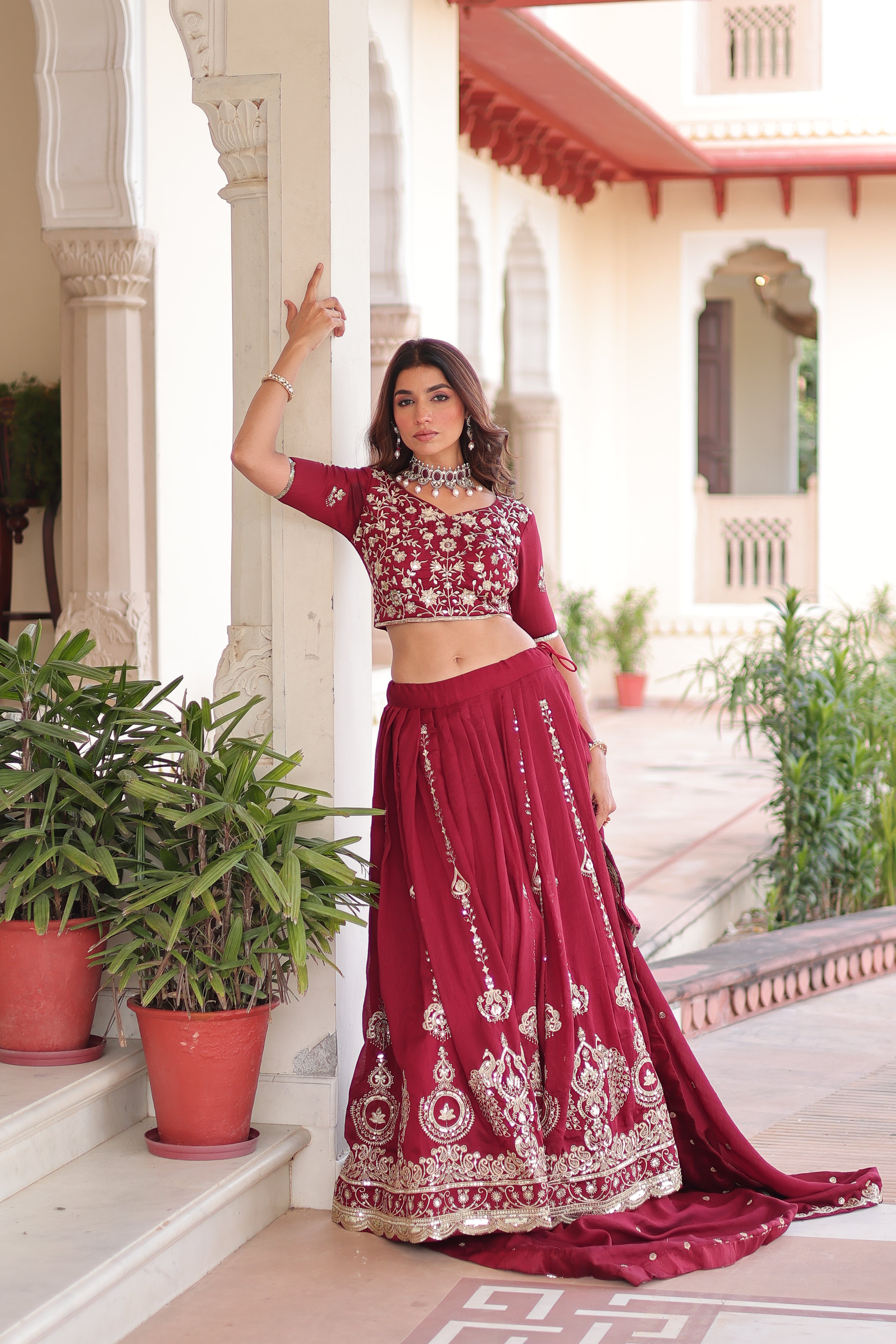 Rumi Maroon Color Vichitra Silk Heavy Sequins Thread Embroidery Lehenga Choli