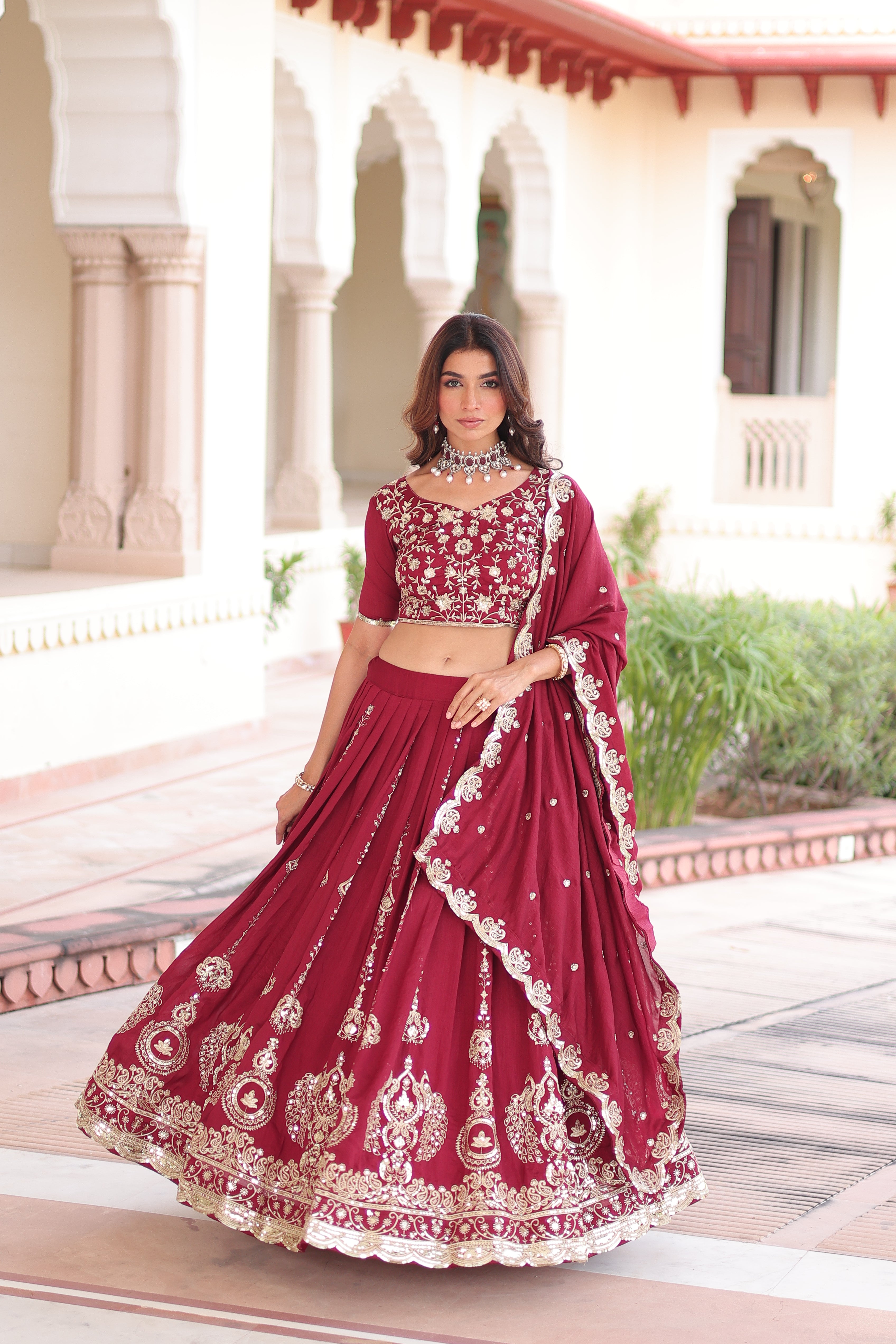 Rumi Maroon Color Vichitra Silk Heavy Sequins Thread Embroidery Lehenga Choli