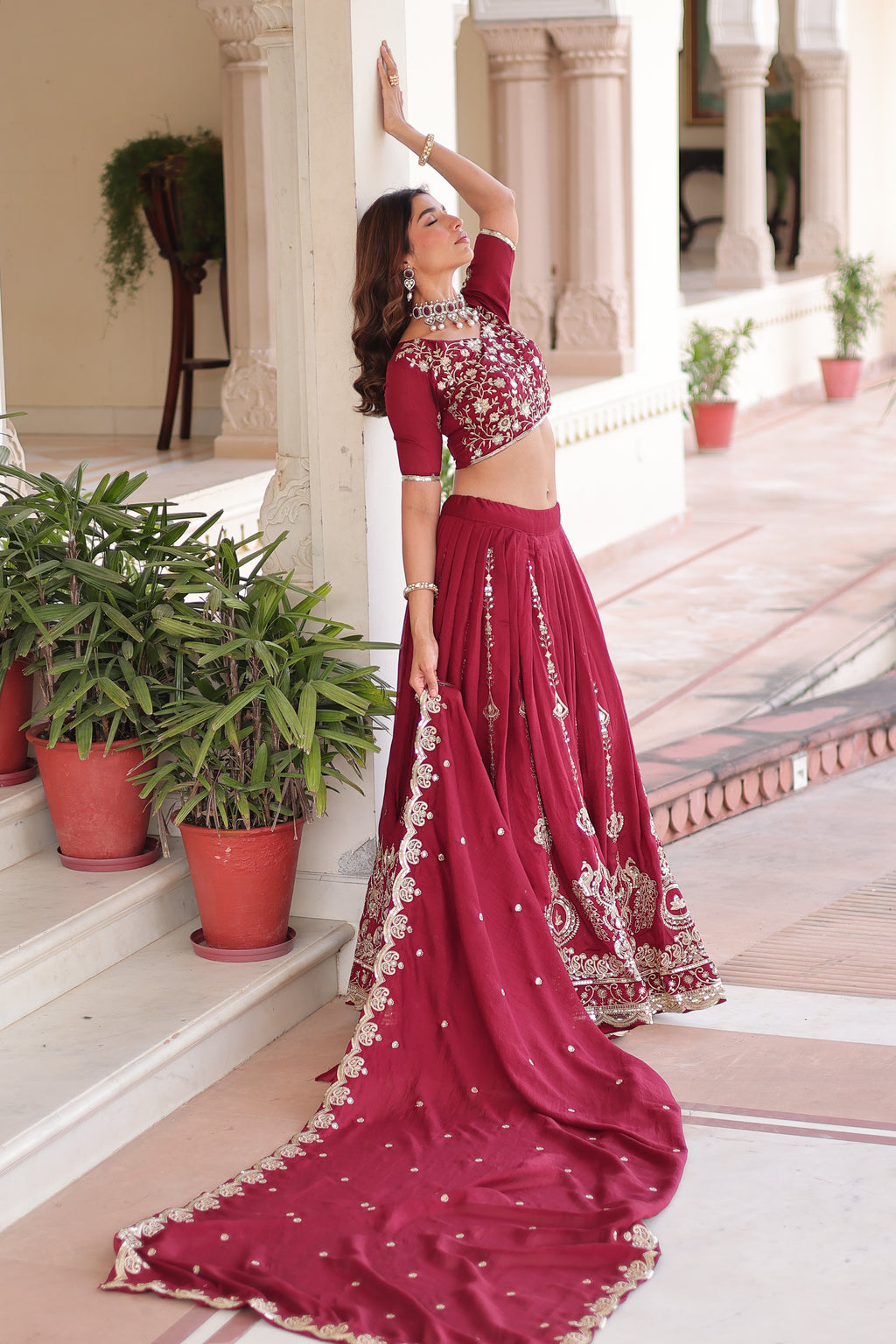 Rumi Maroon Color Vichitra Silk Heavy Sequins Thread Embroidery Lehenga Choli
