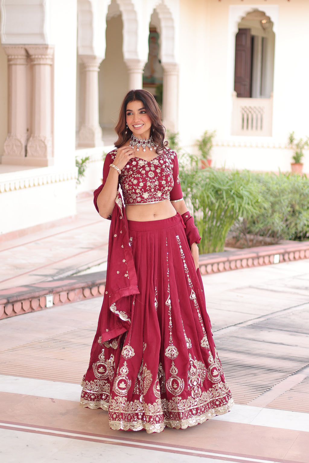 Rumi Maroon Color Vichitra Silk Heavy Sequins Thread Embroidery Lehenga Choli