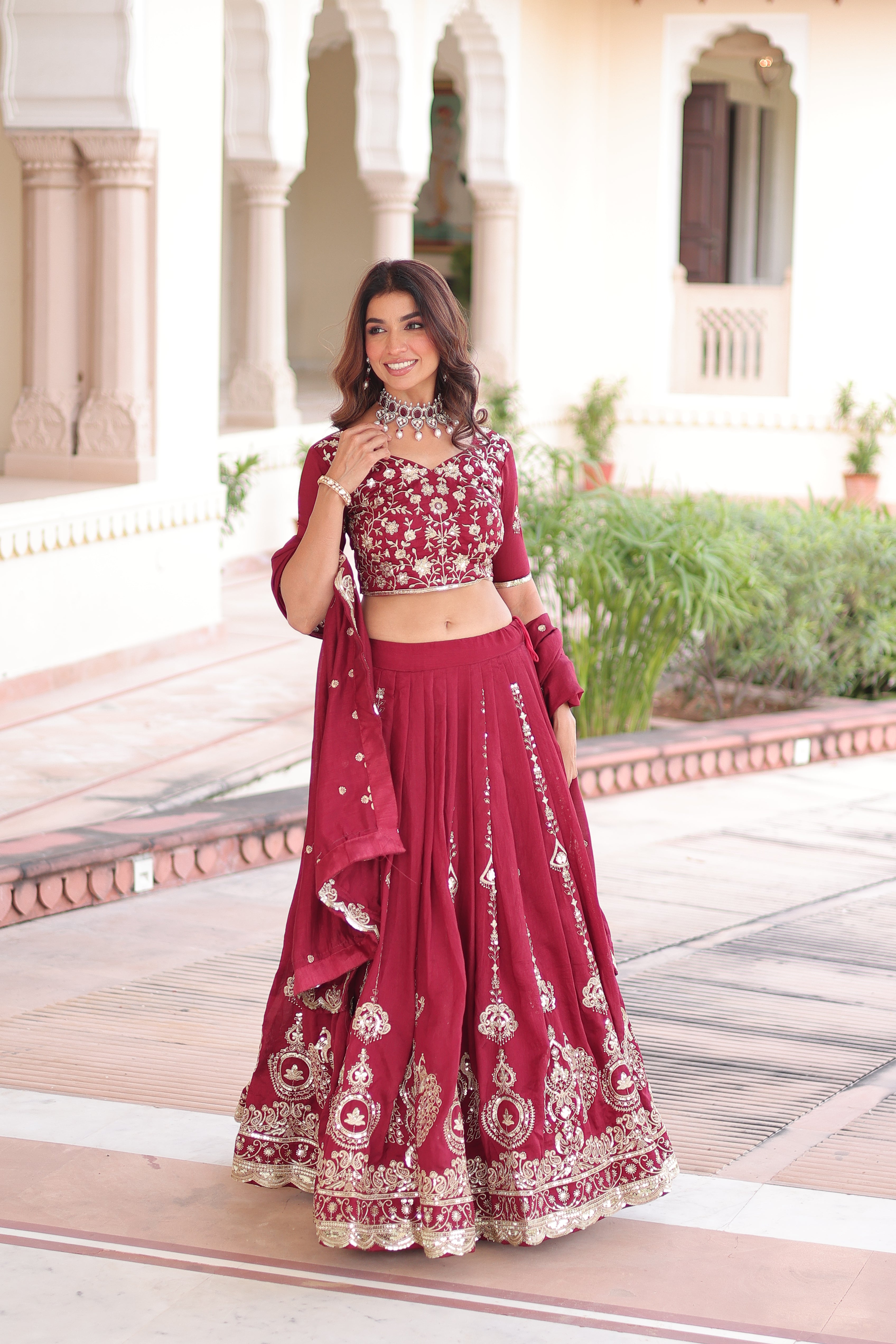 Rumi Maroon Color Vichitra Silk Heavy Sequins Thread Embroidery Lehenga Choli