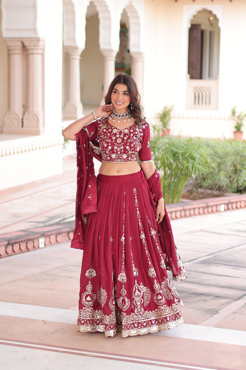 Rumi Maroon Color Vichitra Silk Heavy Sequins Thread Embroidery Lehenga Choli