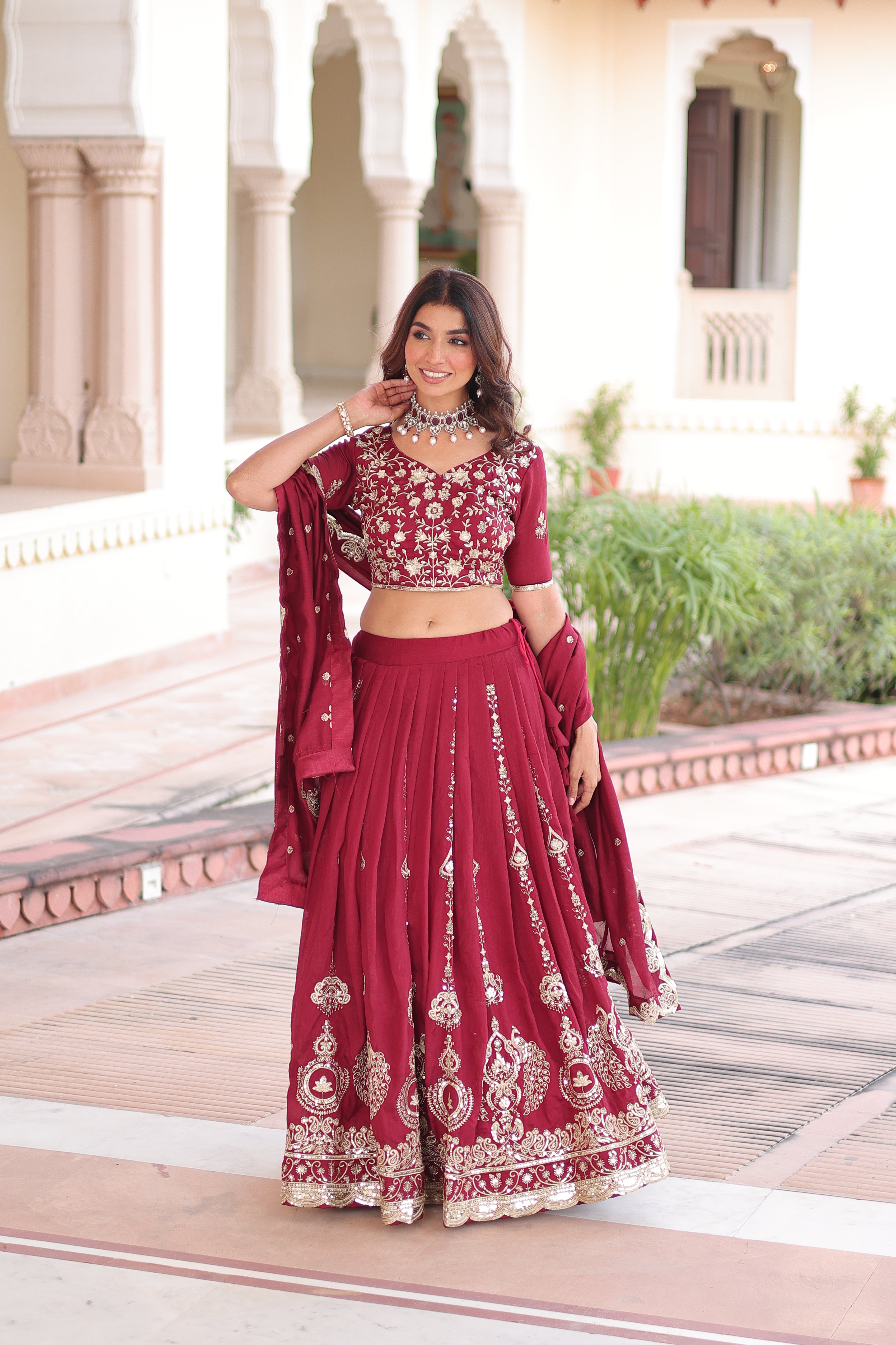 Rumi Maroon Color Vichitra Silk Heavy Sequins Thread Embroidery Lehenga Choli