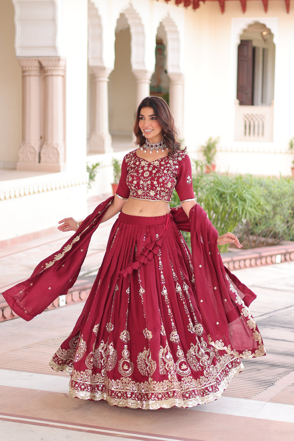 Rumi Maroon Color Vichitra Silk Heavy Sequins Thread Embroidery Lehenga Choli