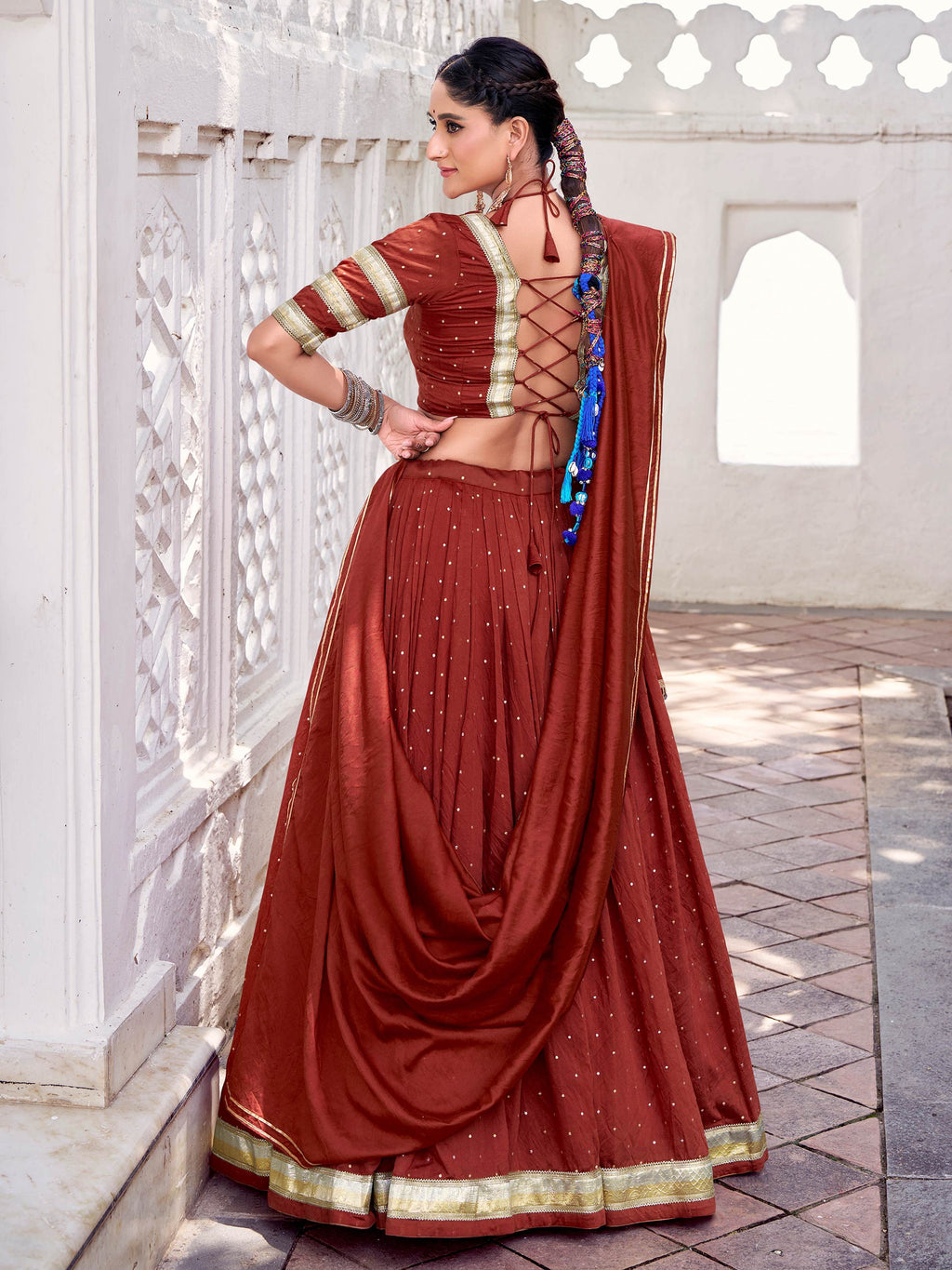 Rust Orange Pure Chanderi Zari Weaving Embossed Lace Lehenga Choli
