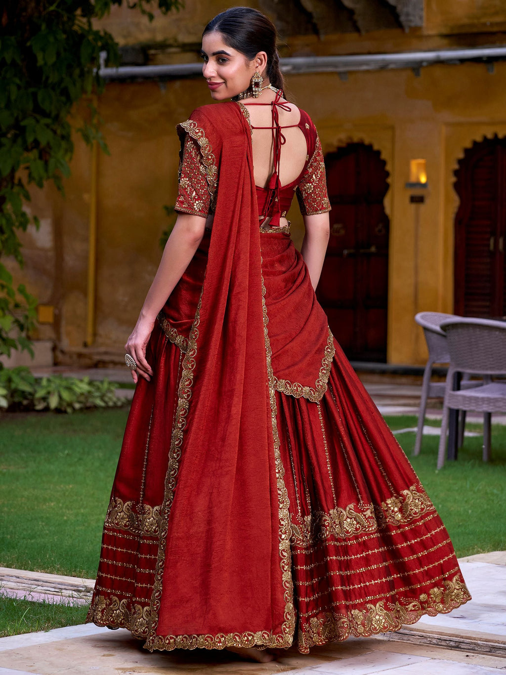 Rust orange silk sequins thread embroidery lehenga choli with dupatta