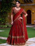 Rust orange silk sequins thread embroidery lehenga choli with dupatta
