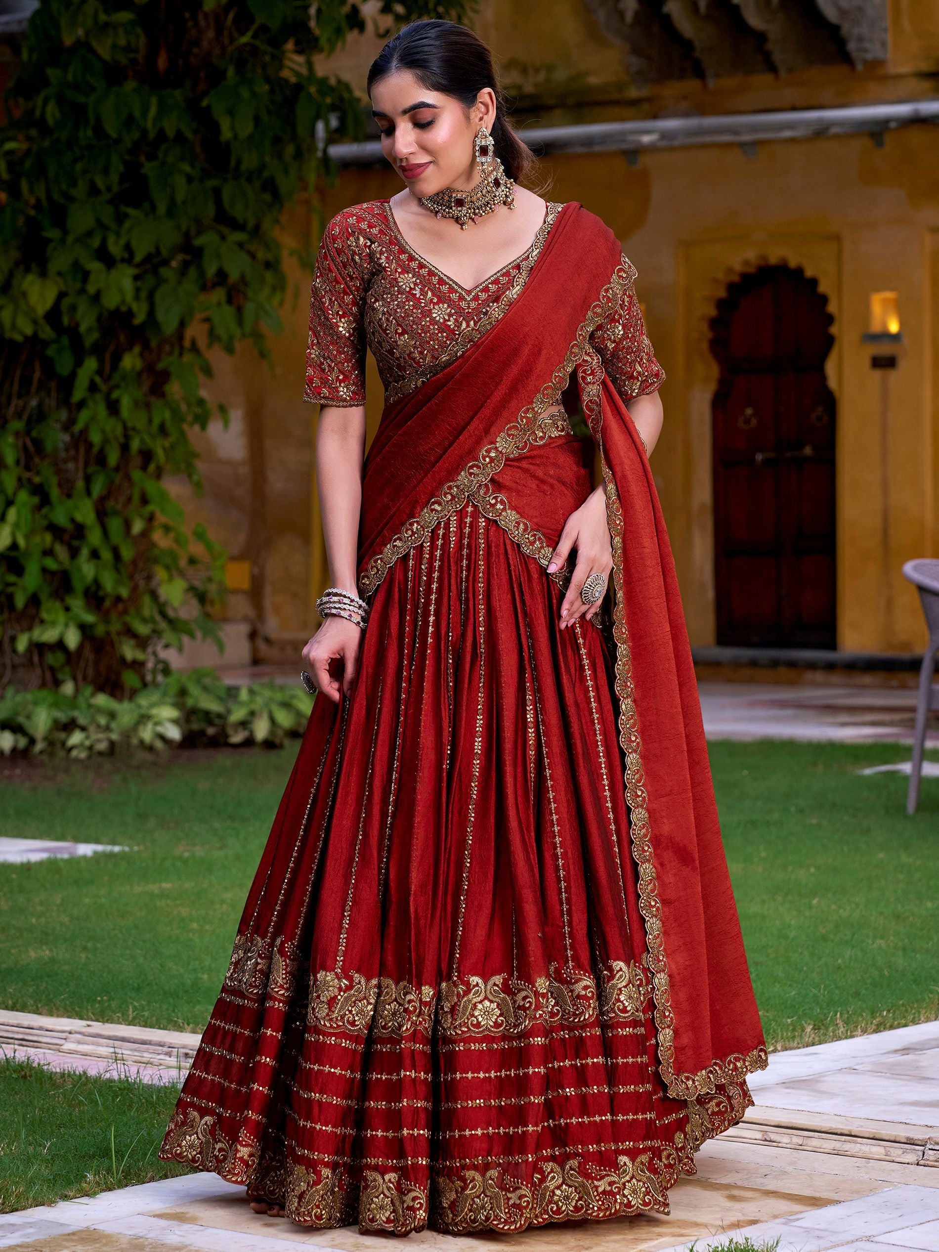 Rust orange silk sequins thread embroidery lehenga choli with dupatta