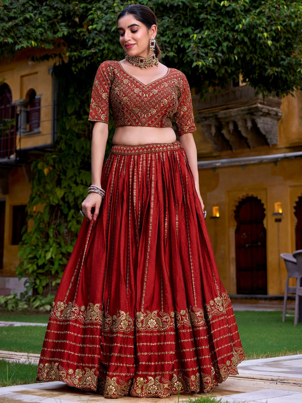 Rust orange silk sequins thread embroidery lehenga choli with dupatta