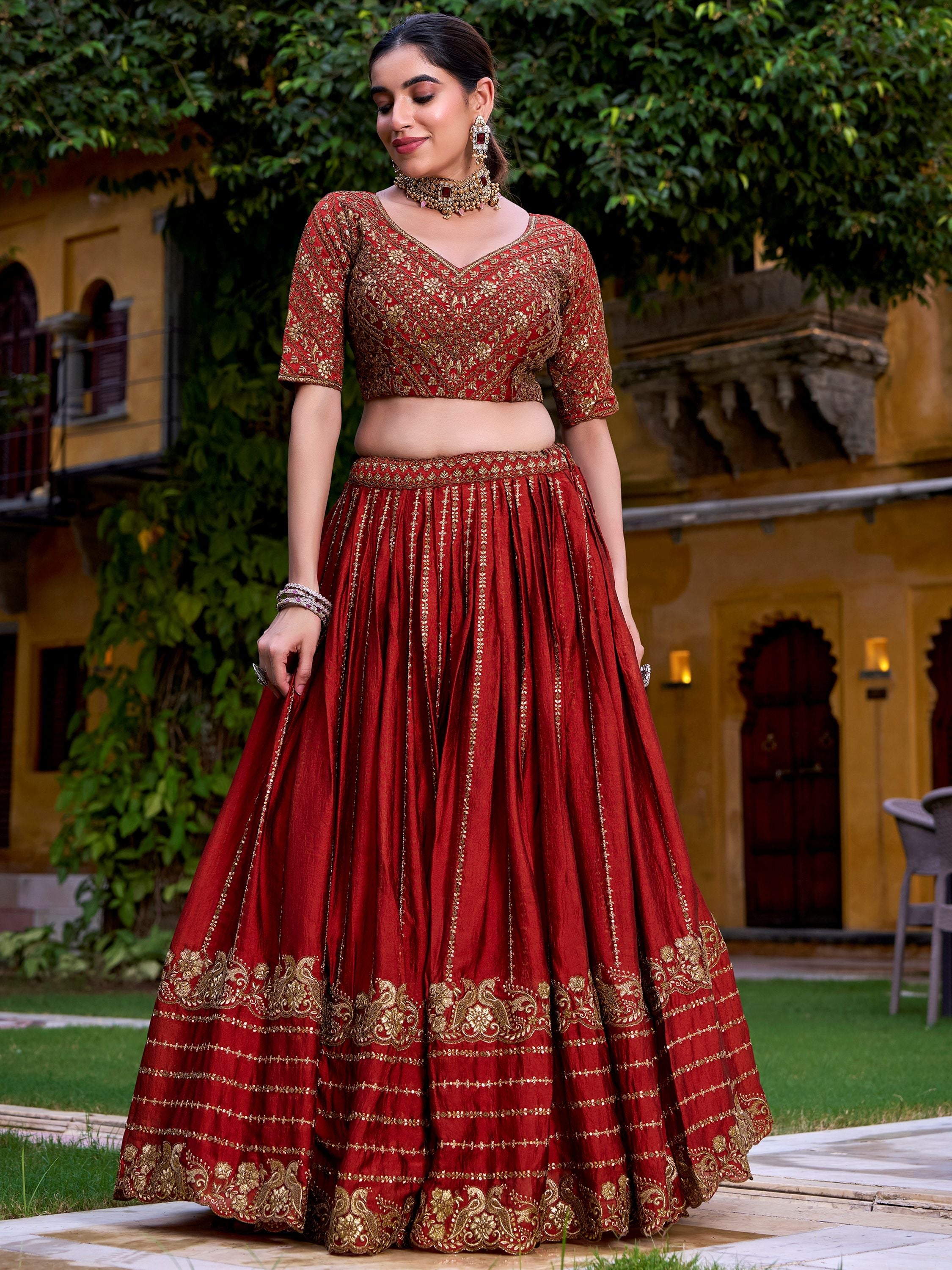 Rust orange silk sequins thread embroidery lehenga choli with dupatta