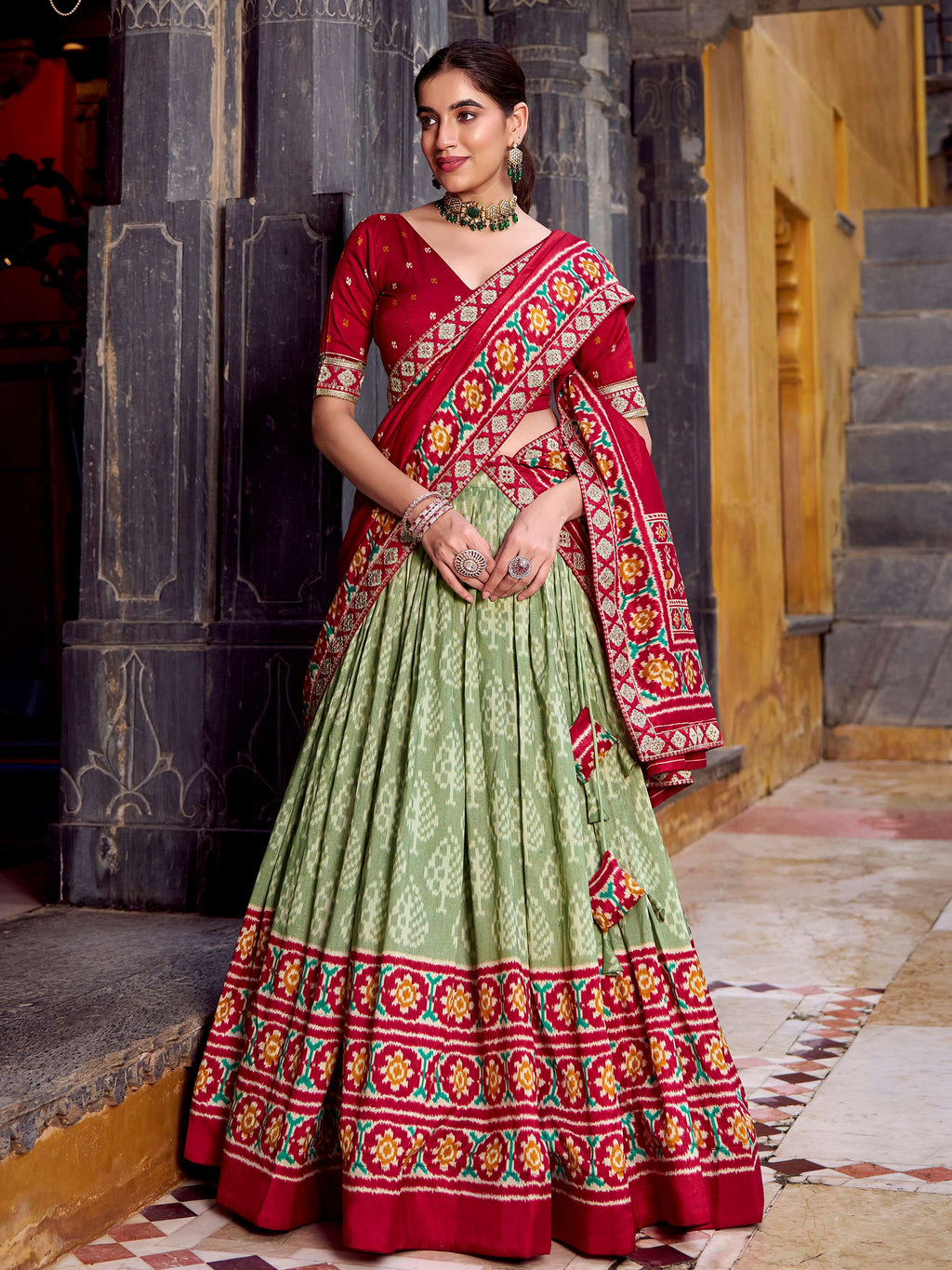 Sage Green Silk Print and Sequins Thread Embroidery Lehenga with Dupatta