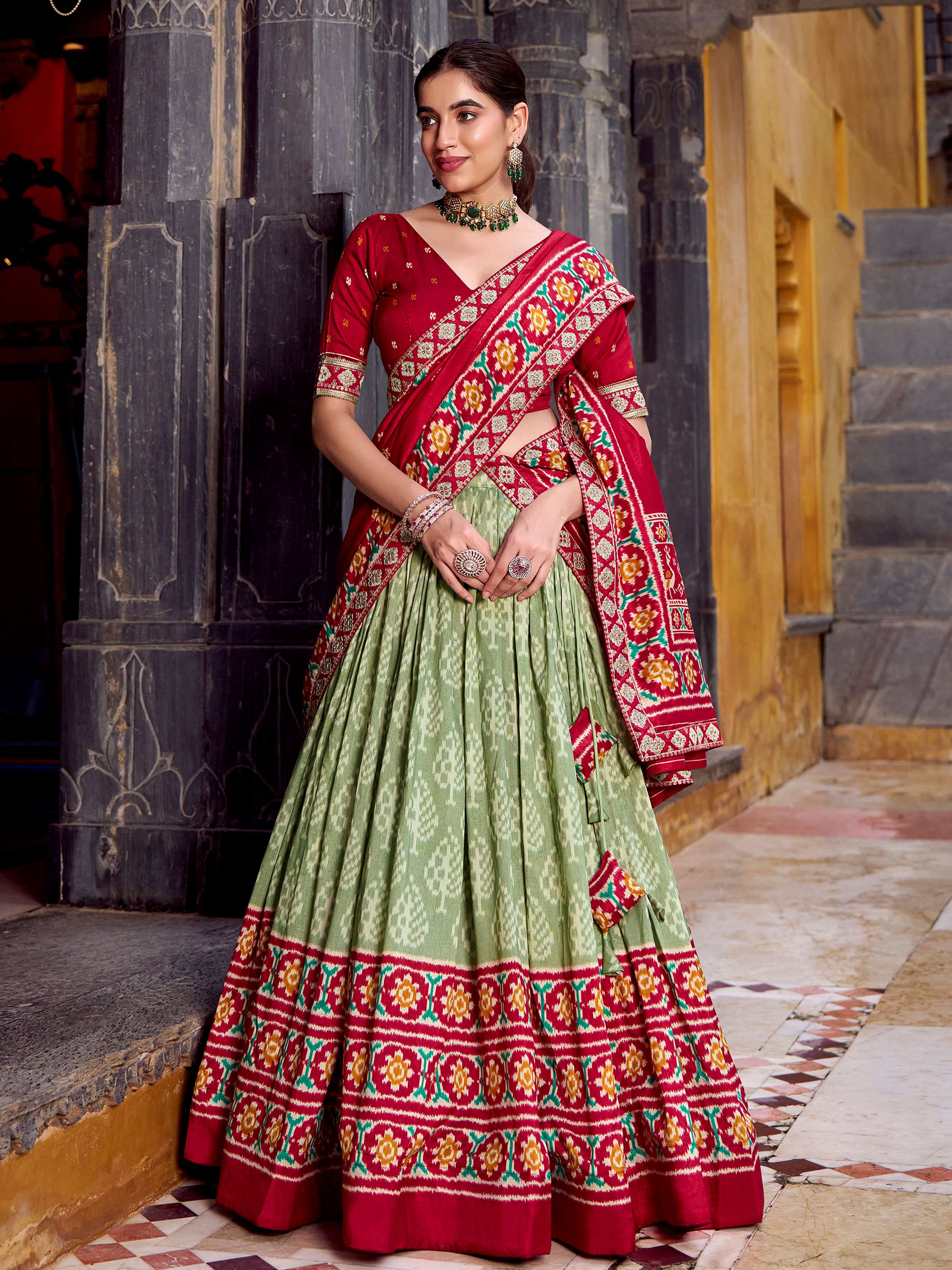 Sage Green Silk Print and Sequins Thread Embroidery Lehenga with Dupatta