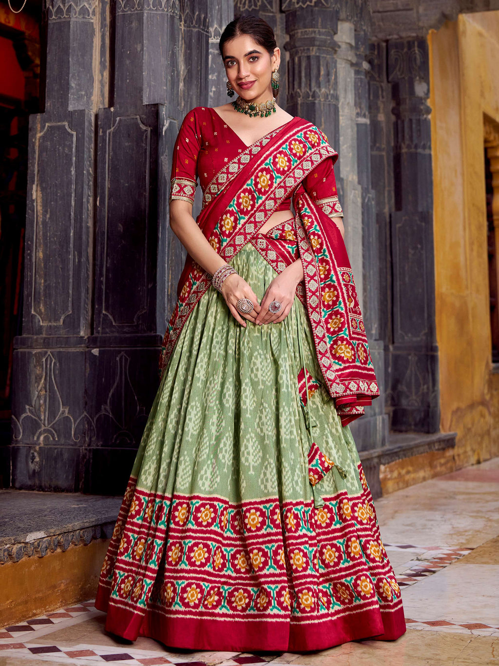 Sage Green Silk Print and Sequins Thread Embroidery Lehenga with Dupatta