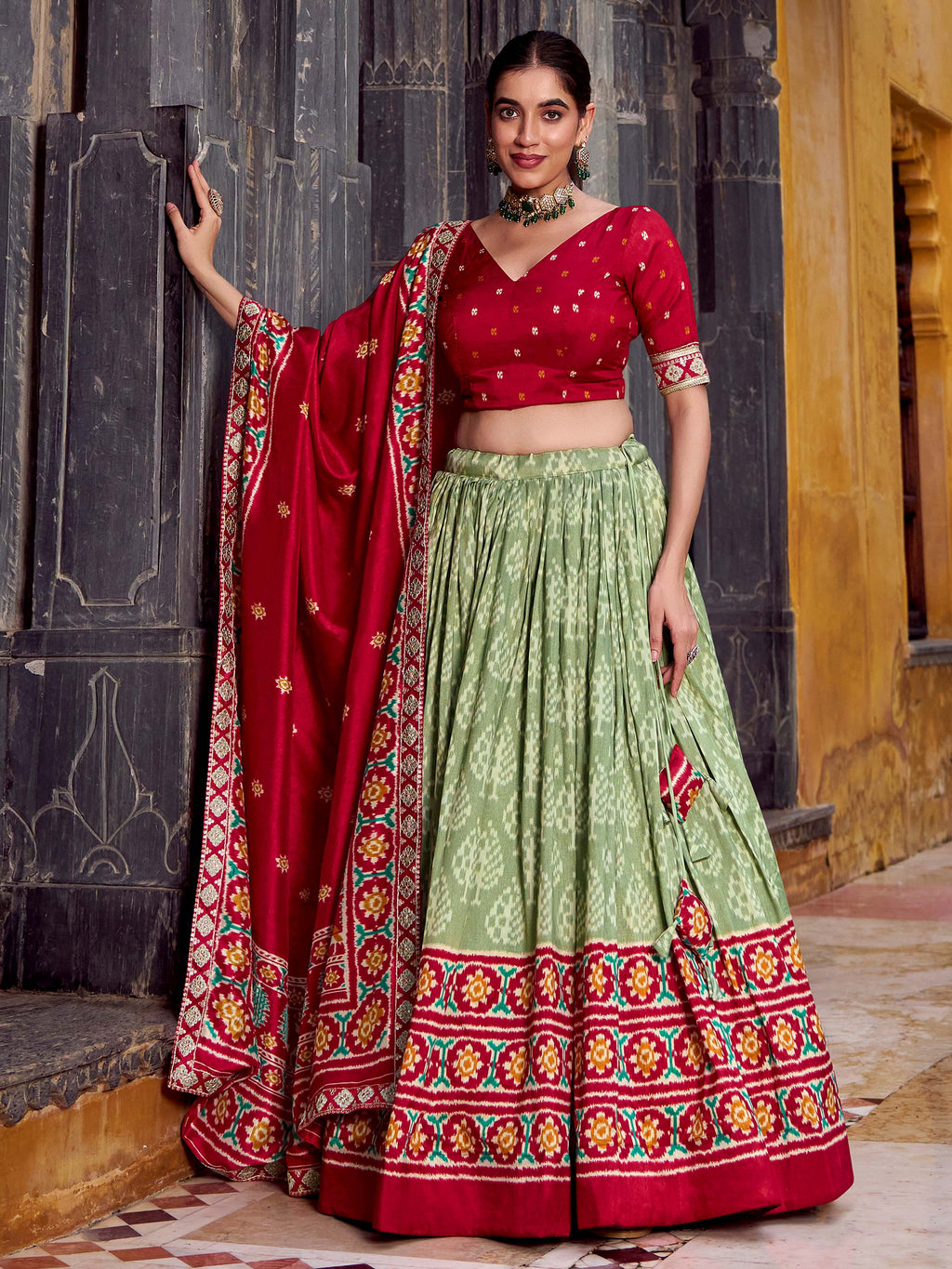 Sage Green Silk Print and Sequins Thread Embroidery Lehenga with Dupatta