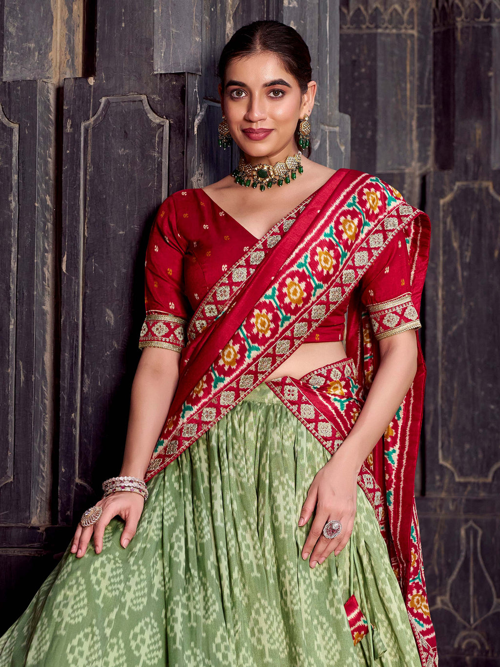 Sage Green Silk Print and Sequins Thread Embroidery Lehenga with Dupatta