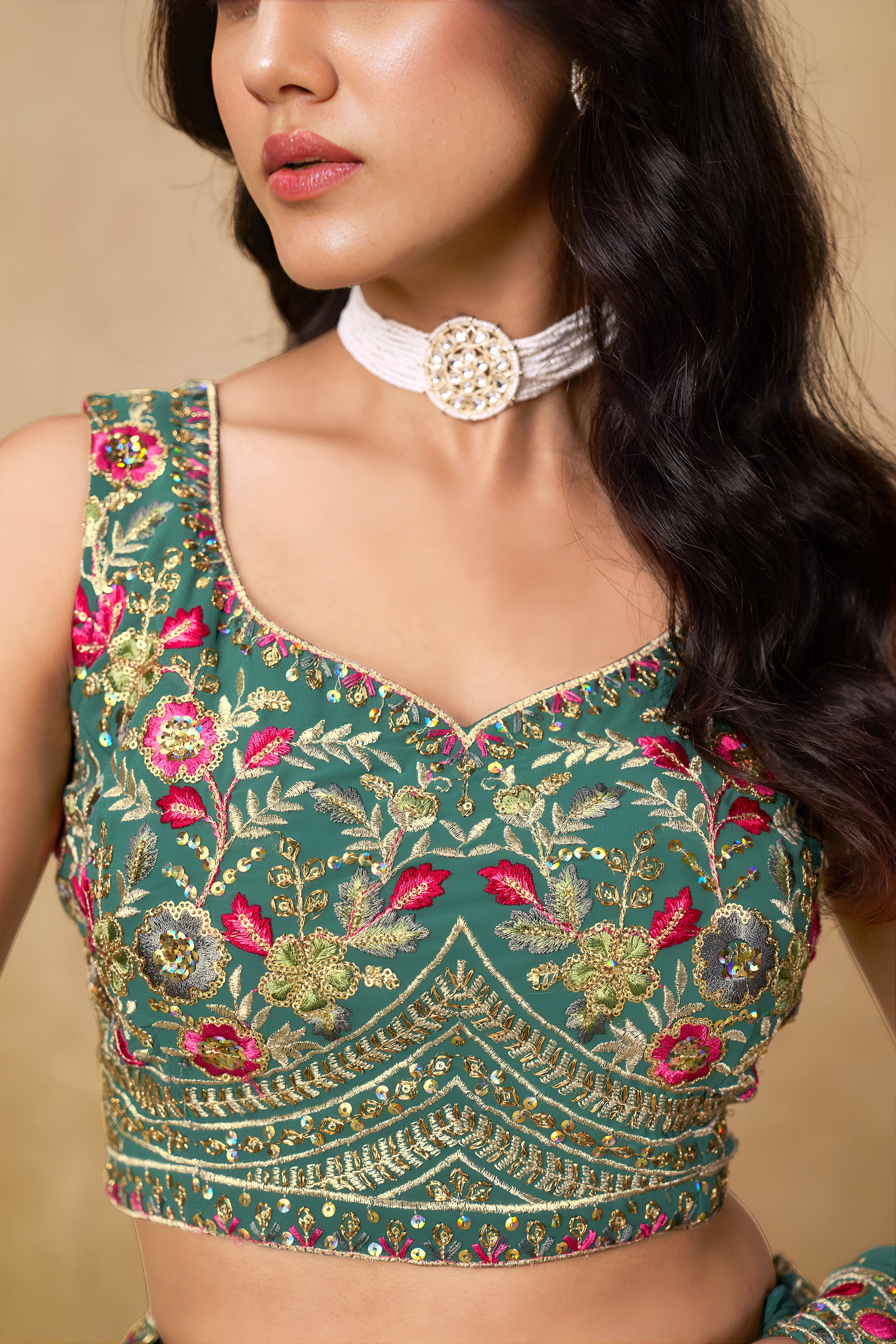 Sakhi Blue Soft Georgette with Sequins Zari Resham and Badla Embroidery Work Lehenga Choli