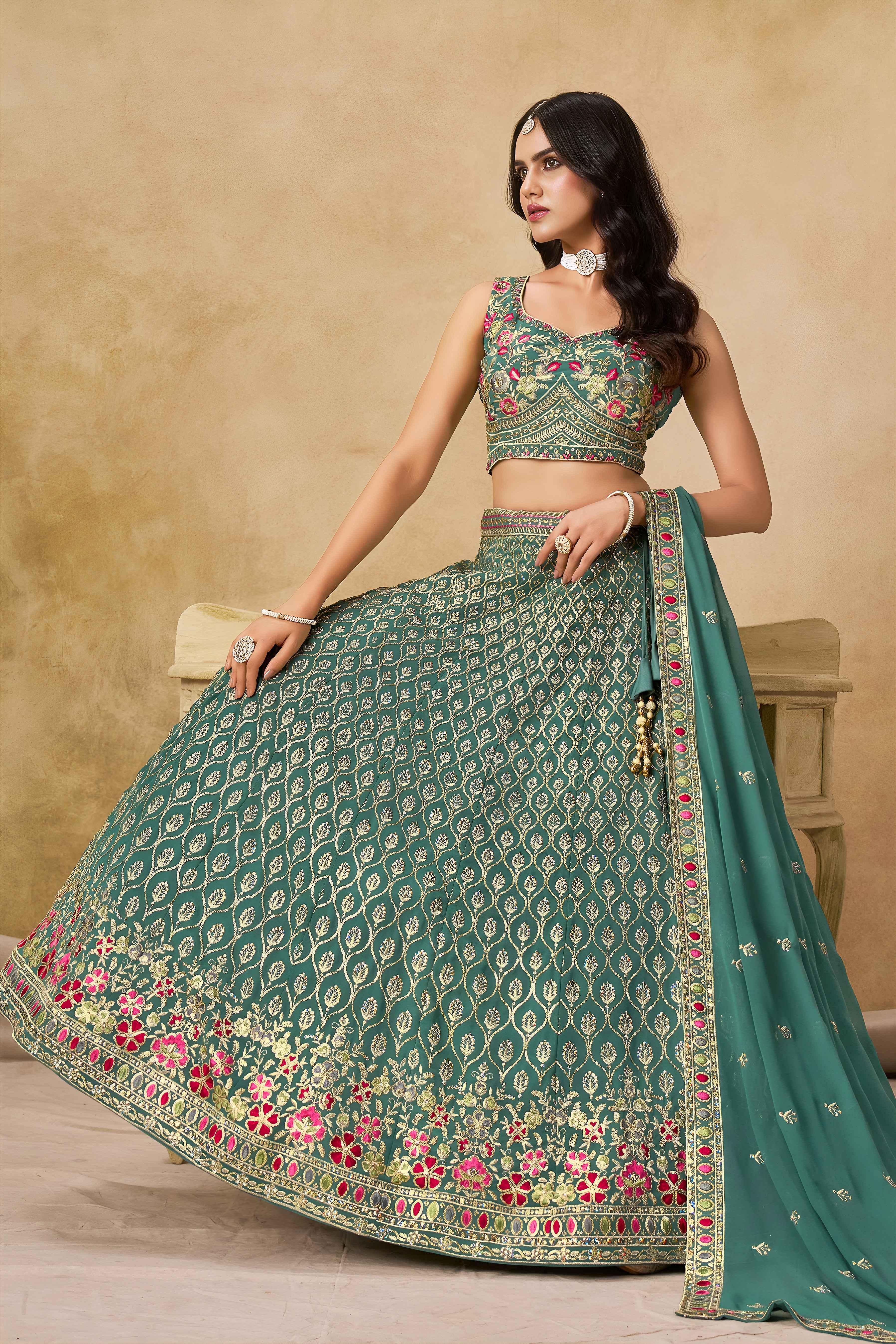 Sakhi Blue Soft Georgette with Sequins Zari Resham and Badla Embroidery Work Lehenga Choli