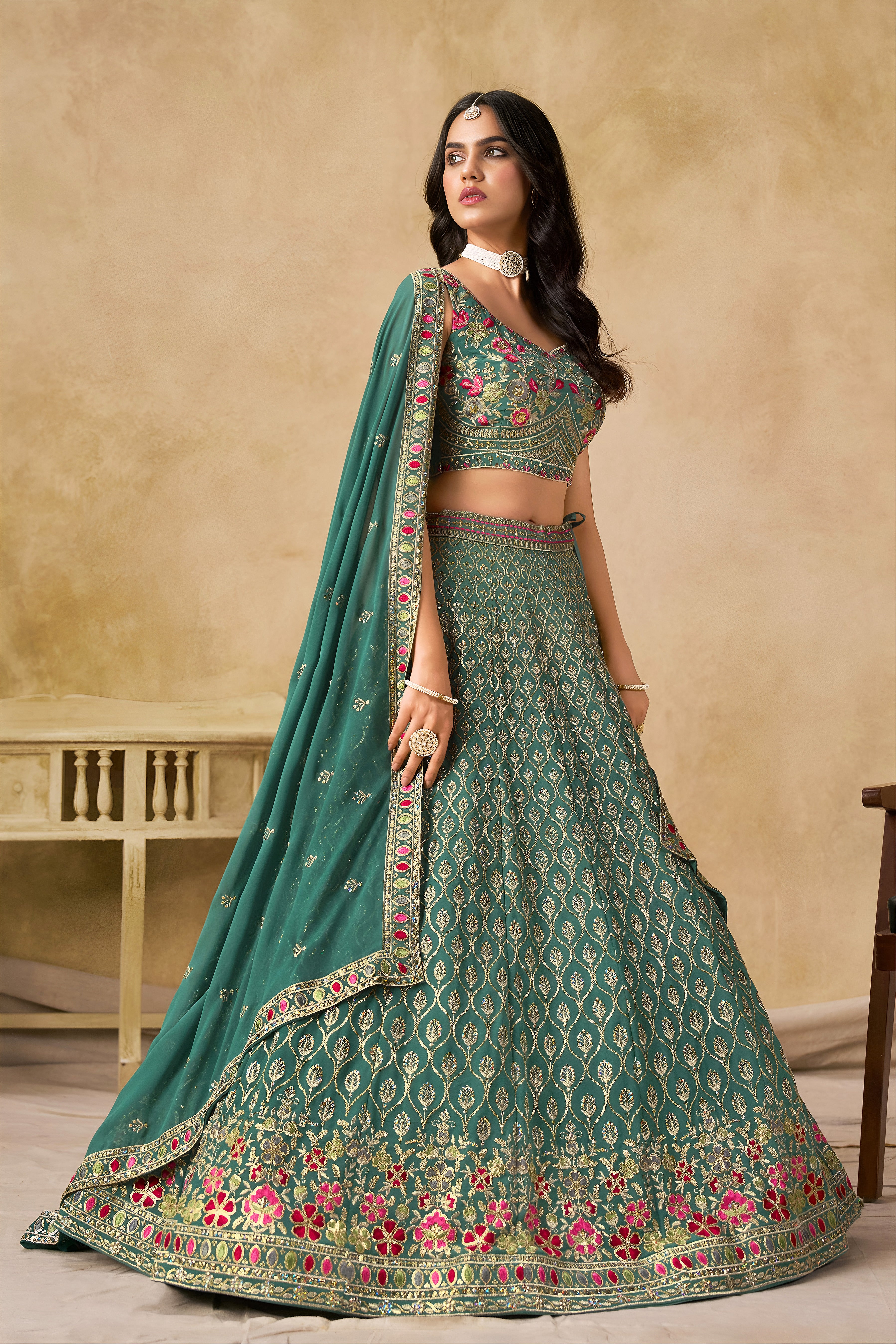 Sakhi Blue Soft Georgette with Sequins Zari Resham and Badla Embroidery Work Lehenga Choli