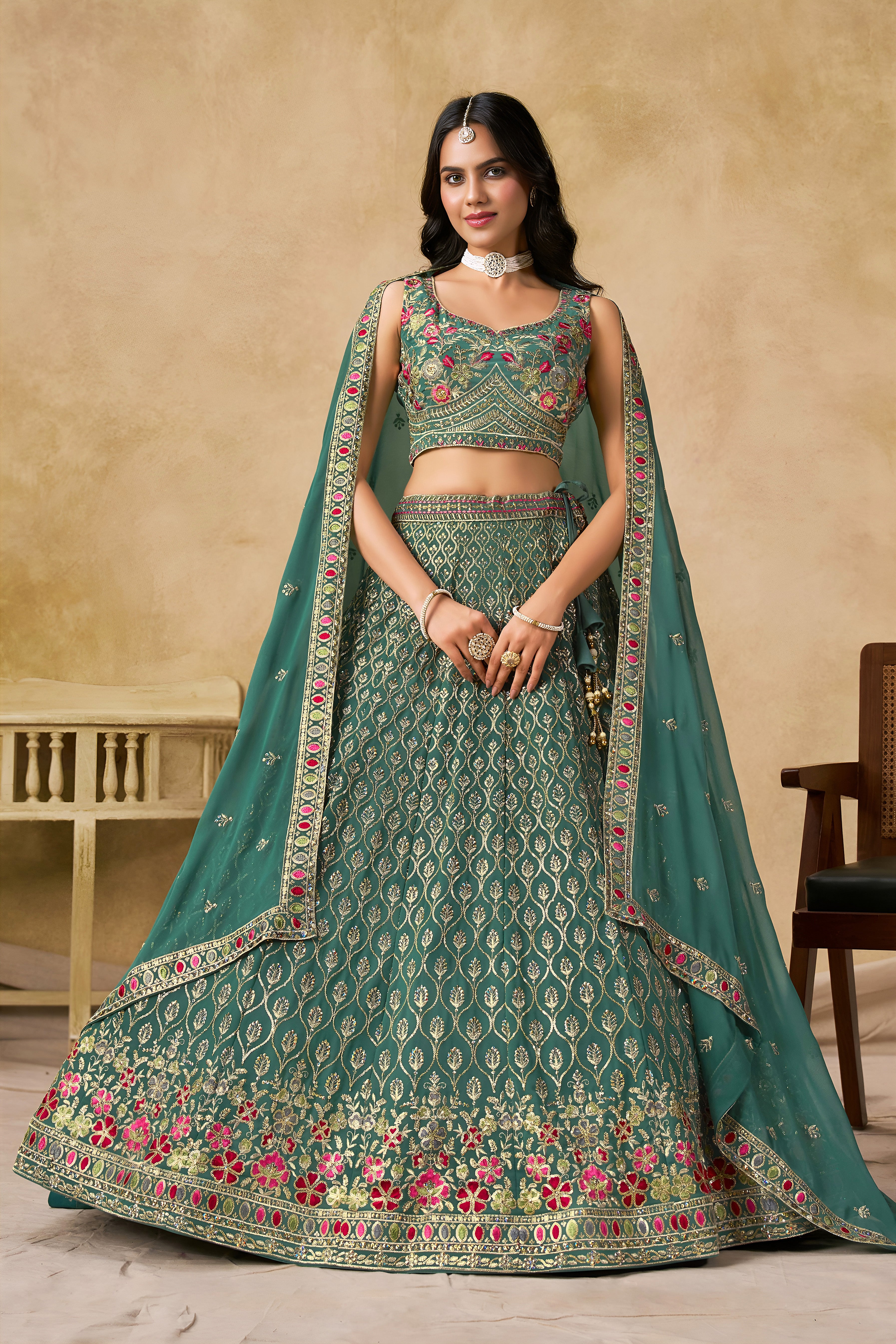 Sakhi Blue Soft Georgette with Sequins Zari Resham and Badla Embroidery Work Lehenga Choli