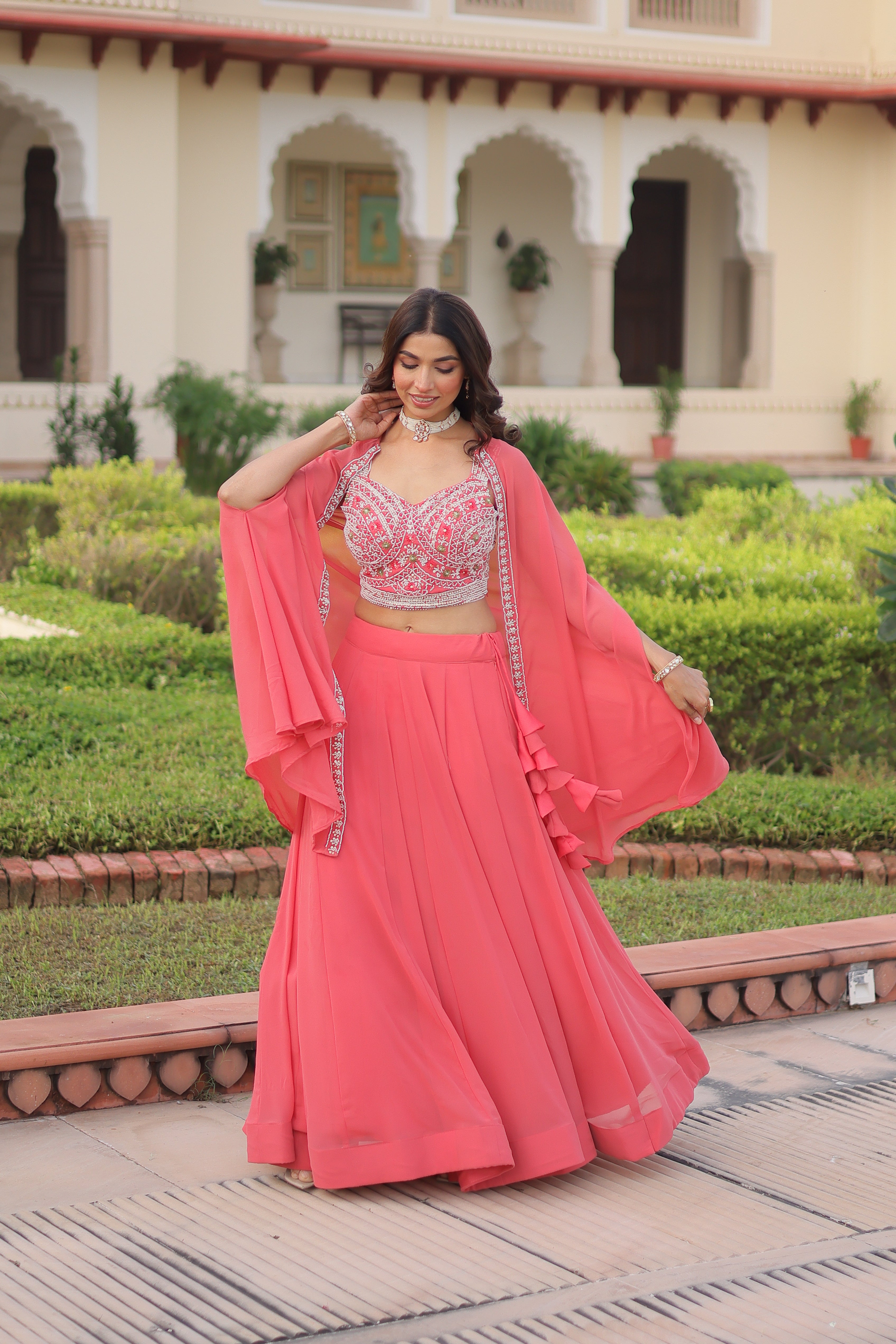 Sanika Peach Color Faux Georgette Beads Embroidery Lehenga Choli with Shrug