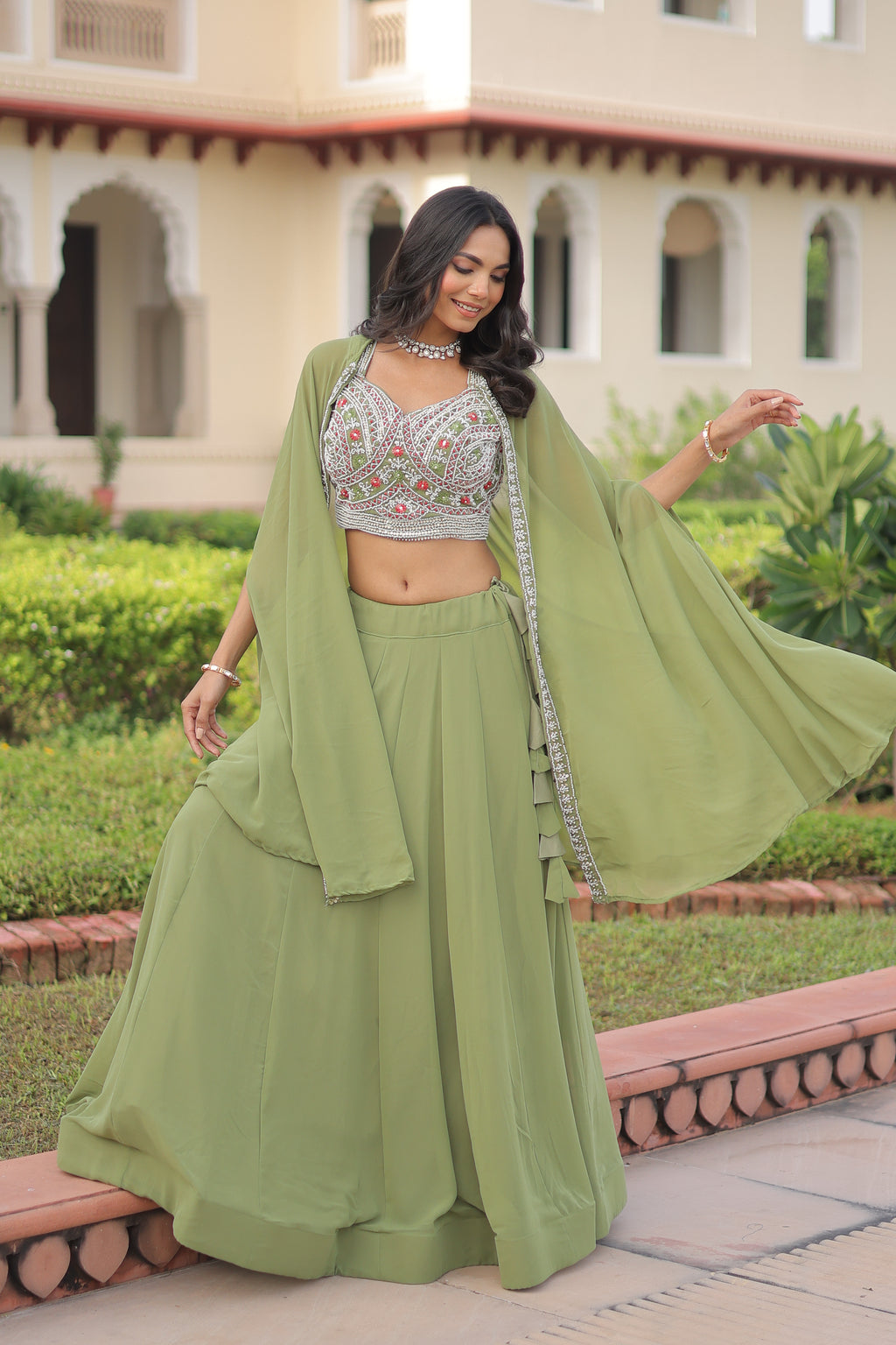 Sanika pista green faux georgette lehenga choli with beads embroidery and shrug