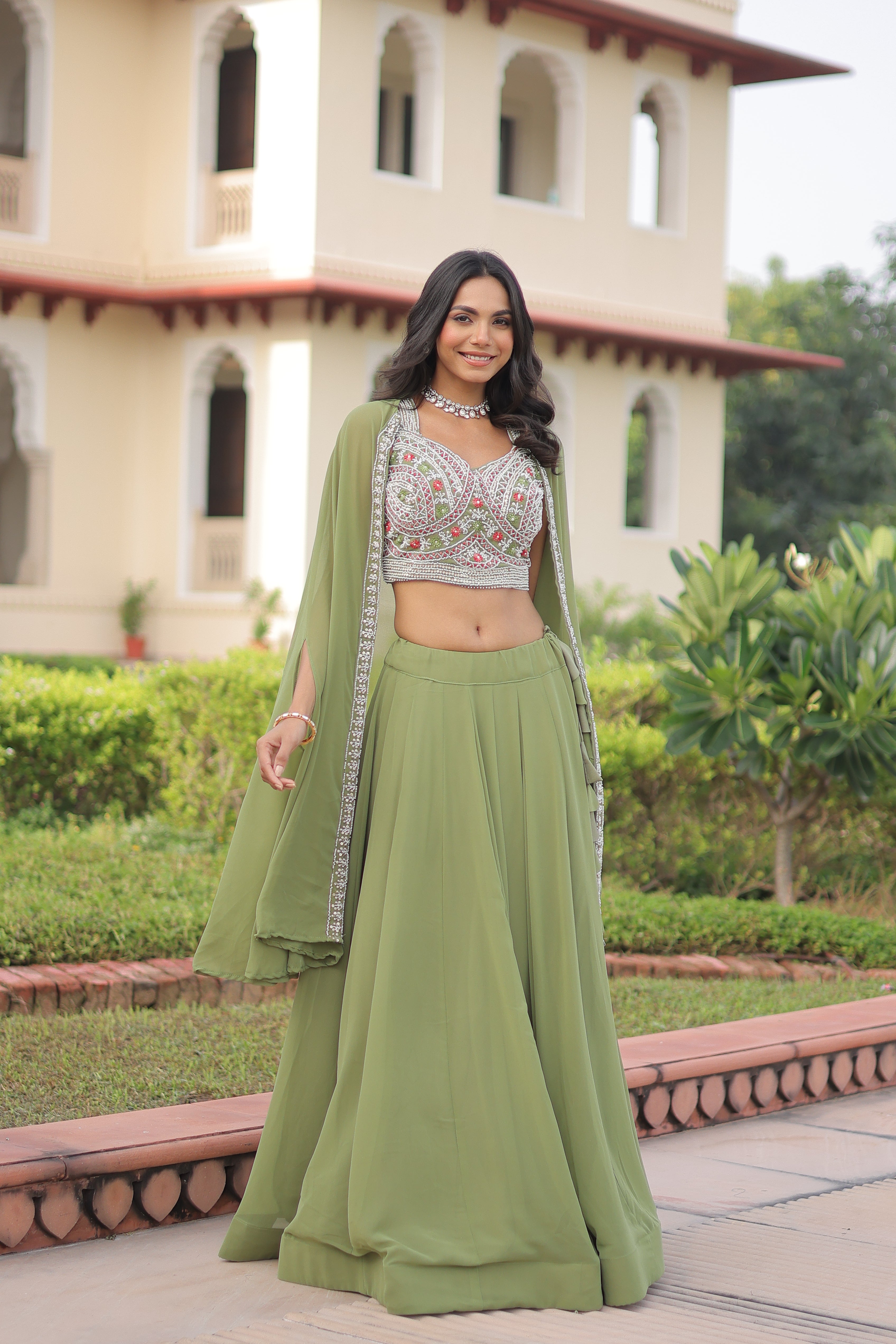 Sanika pista green faux georgette lehenga choli with beads embroidery and shrug