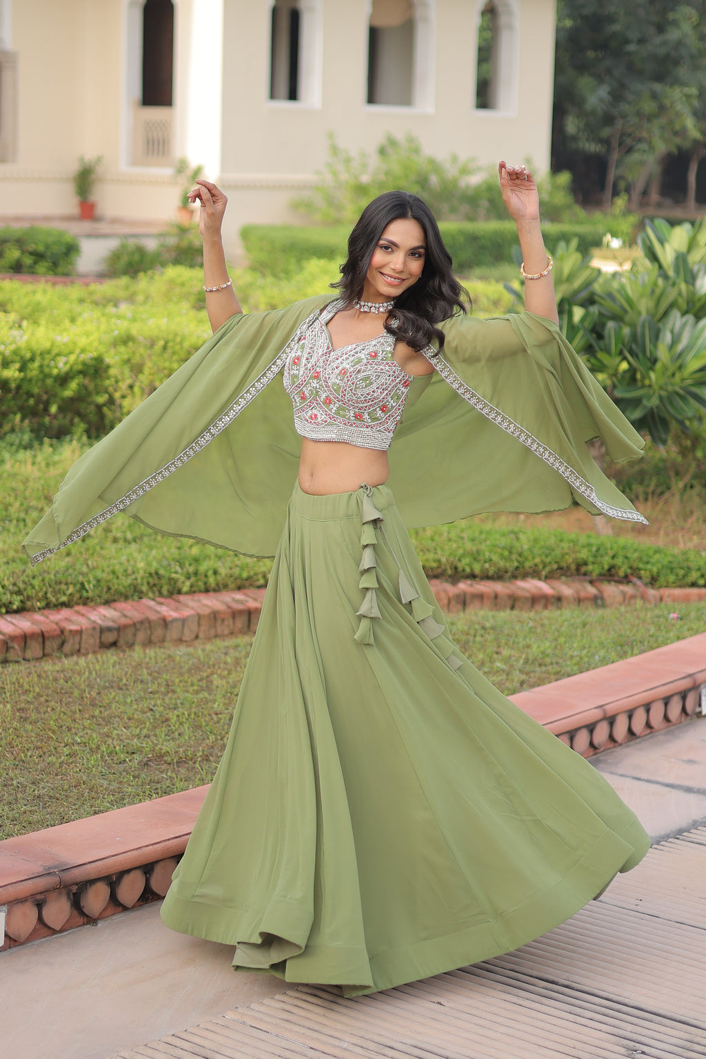 Sanika pista green faux georgette lehenga choli with beads embroidery and shrug