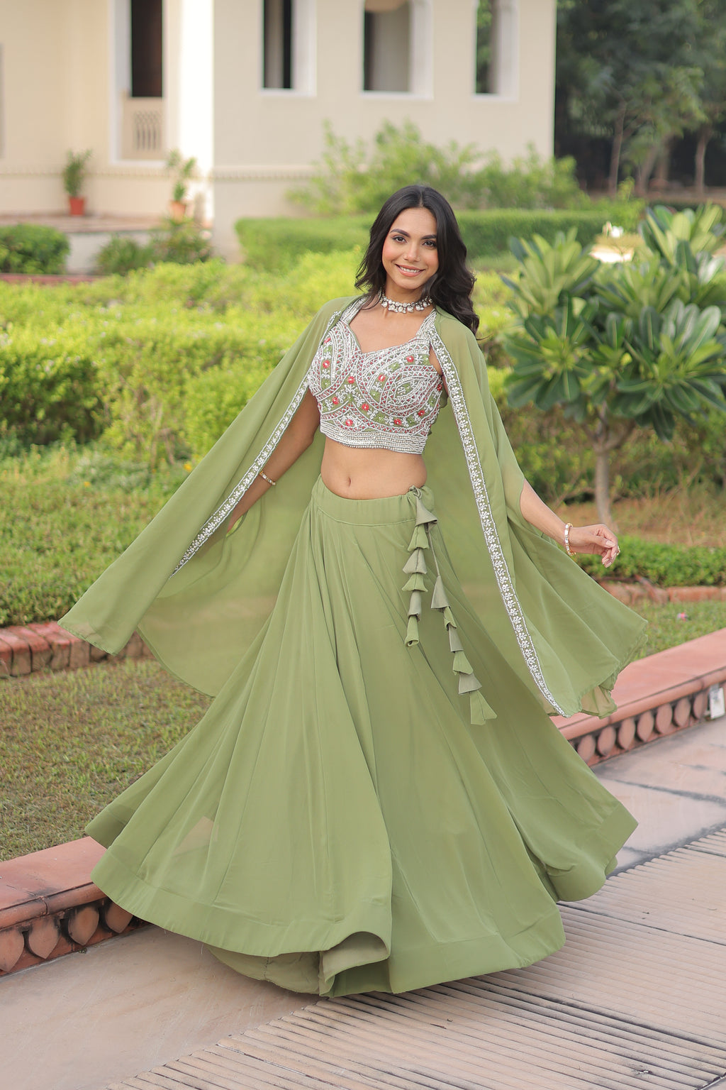 Sanika pista green faux georgette lehenga choli with beads embroidery and shrug