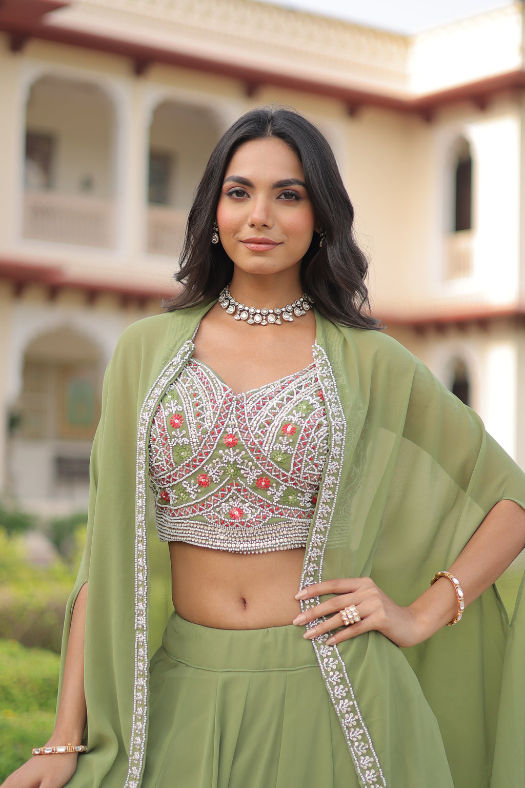 Sanika pista green faux georgette lehenga choli with beads embroidery and shrug