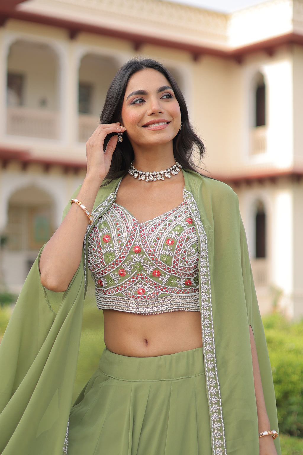 Sanika pista green faux georgette lehenga choli with beads embroidery and shrug