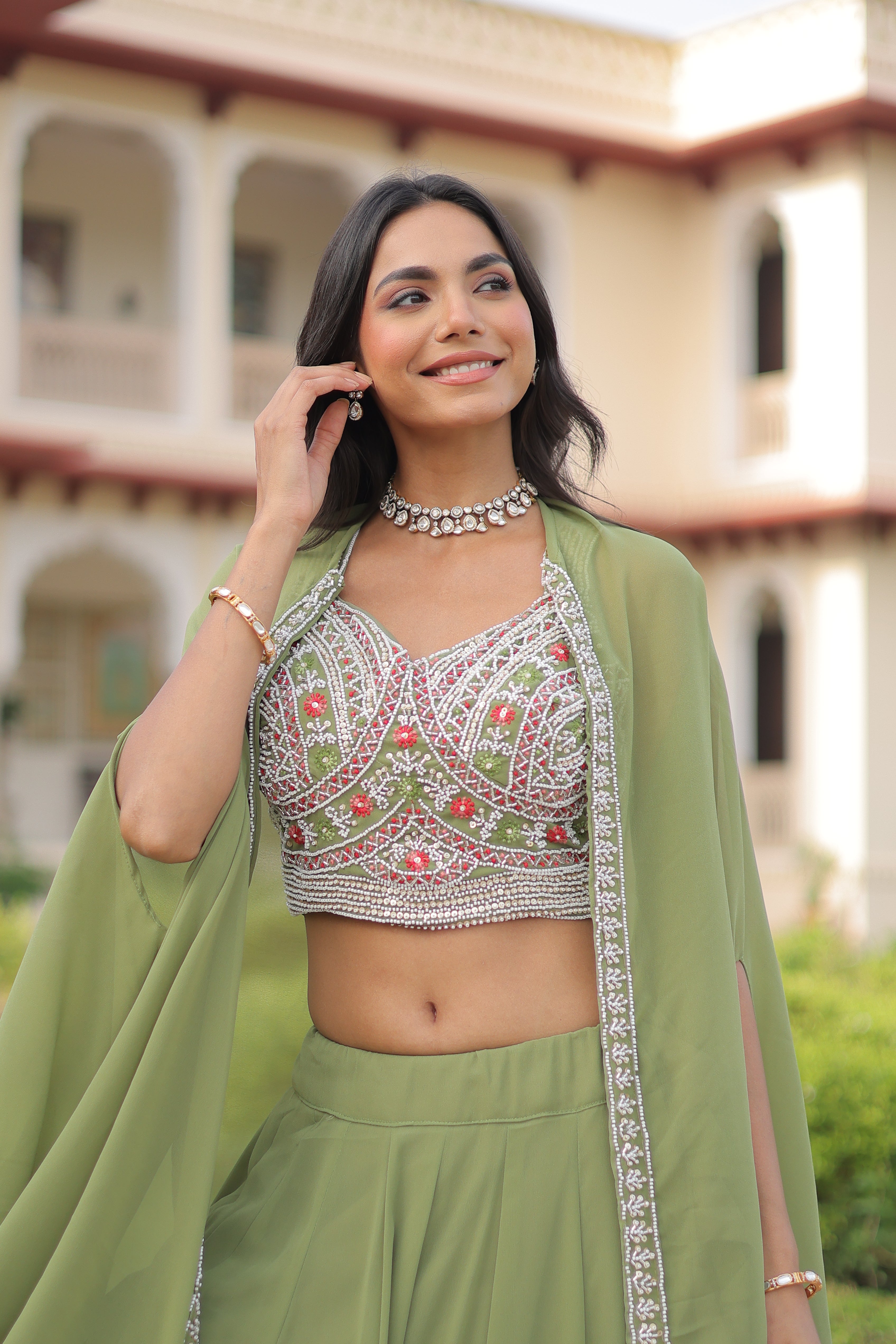 Sanika pista green faux georgette lehenga choli with beads embroidery and shrug