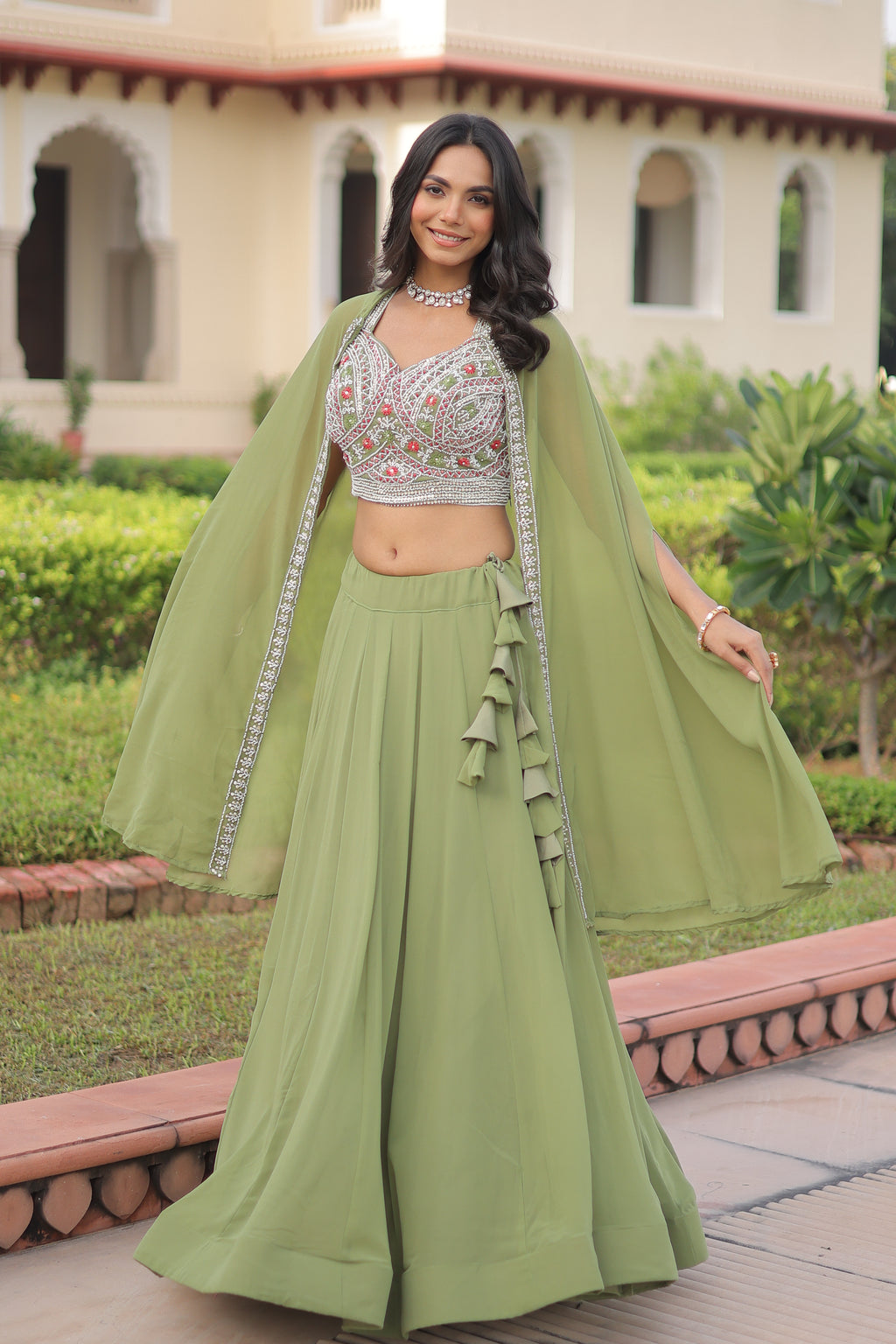 Sanika pista green faux georgette lehenga choli with beads embroidery and shrug