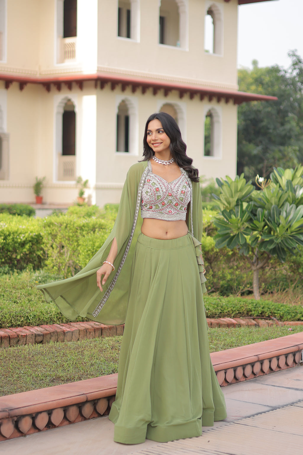 Sanika pista green faux georgette lehenga choli with beads embroidery and shrug