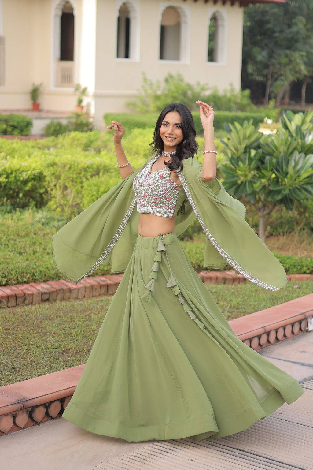 Sanika pista green faux georgette lehenga choli with beads embroidery and shrug