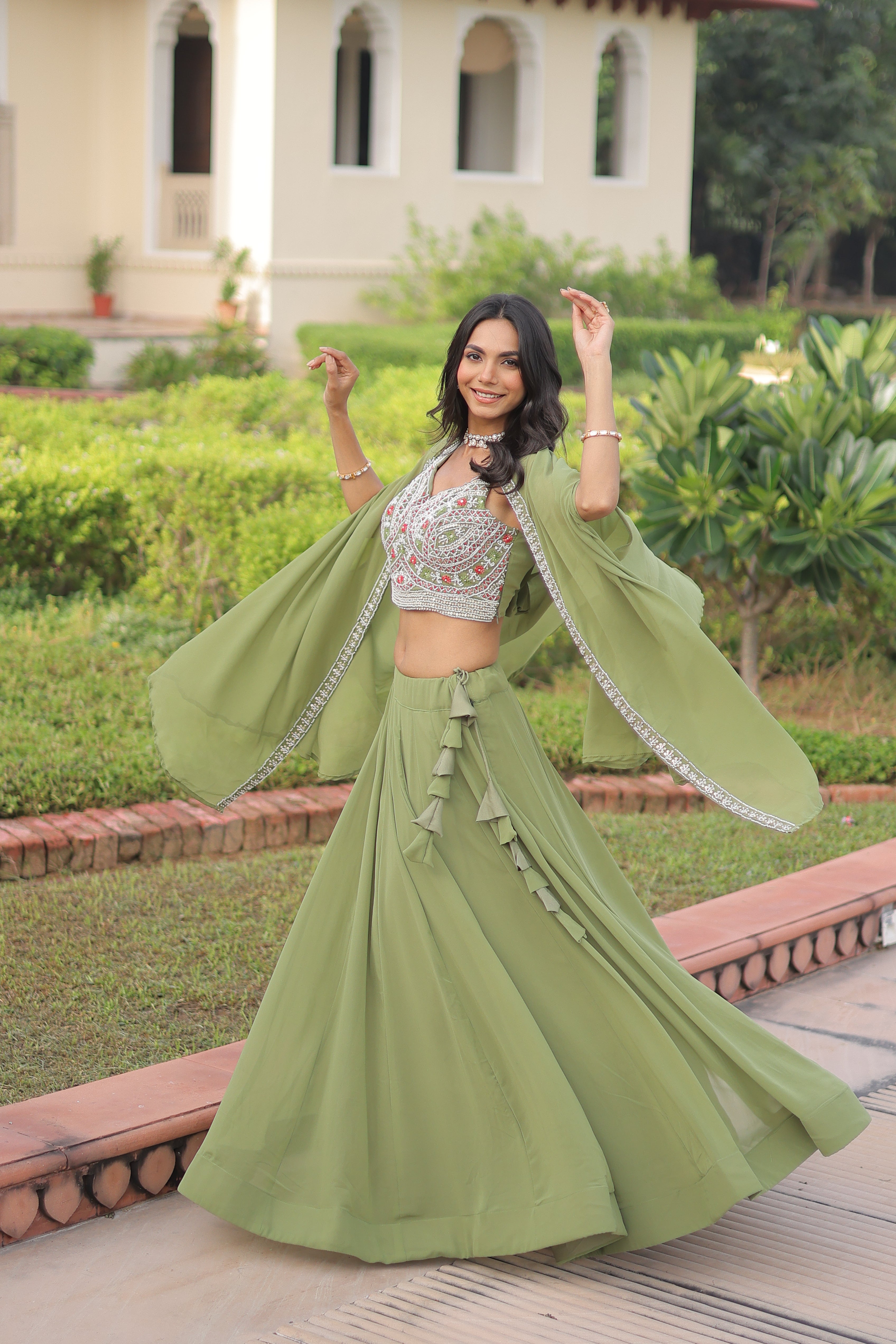 Sanika pista green faux georgette lehenga choli with beads embroidery and shrug