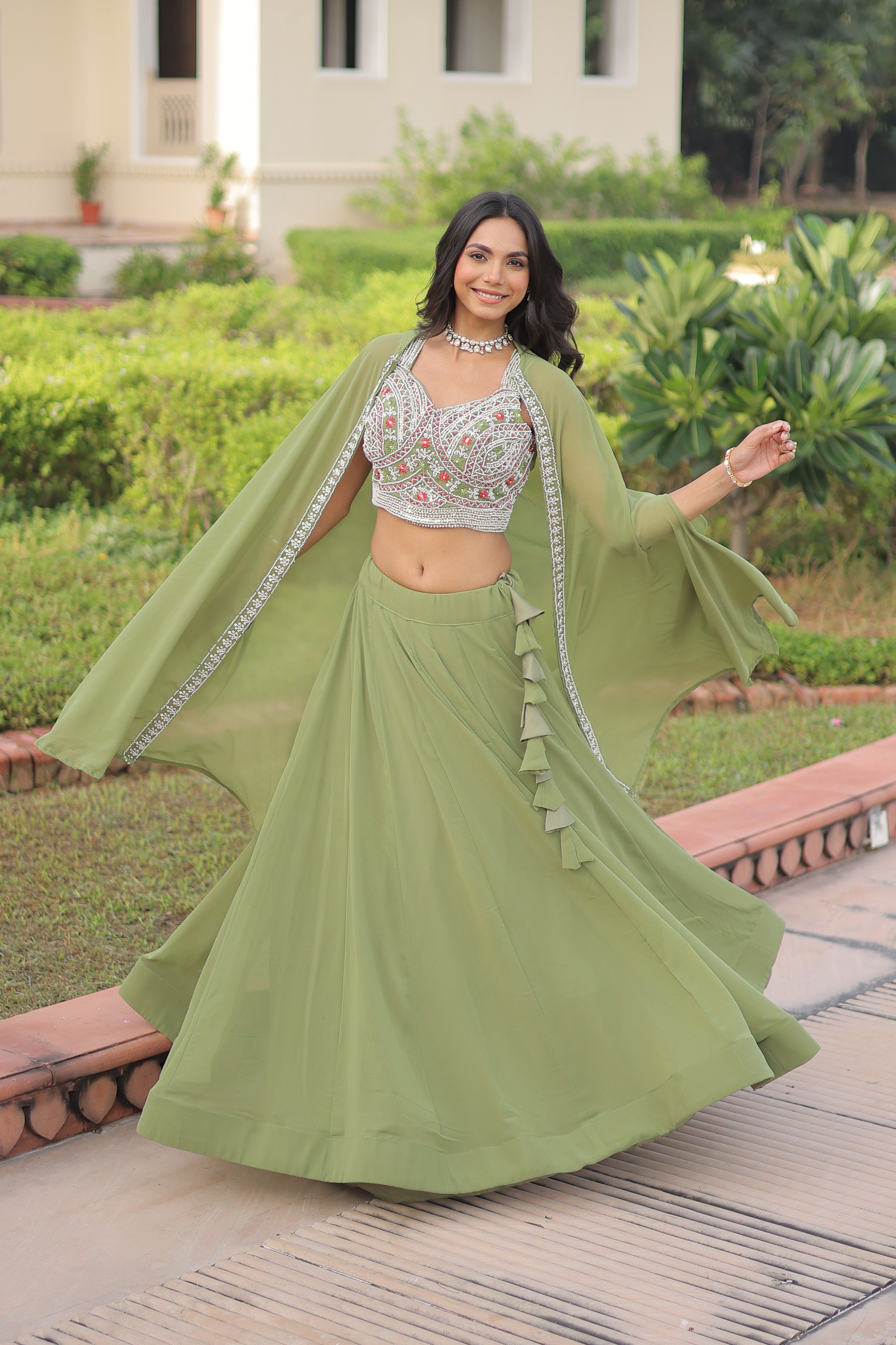 Sanika pista green faux georgette lehenga choli with beads embroidery and shrug