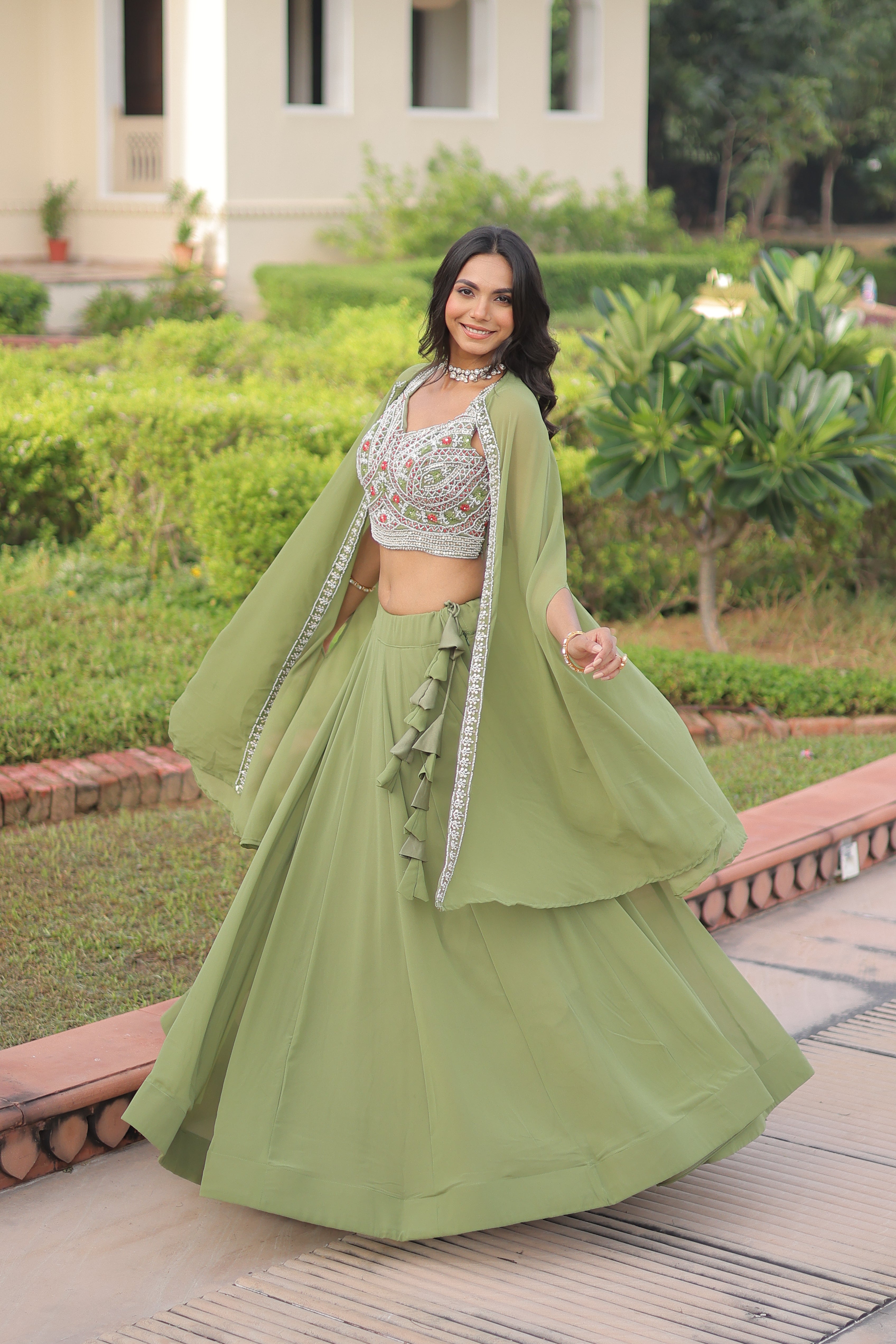 Sanika pista green faux georgette lehenga choli with beads embroidery and shrug