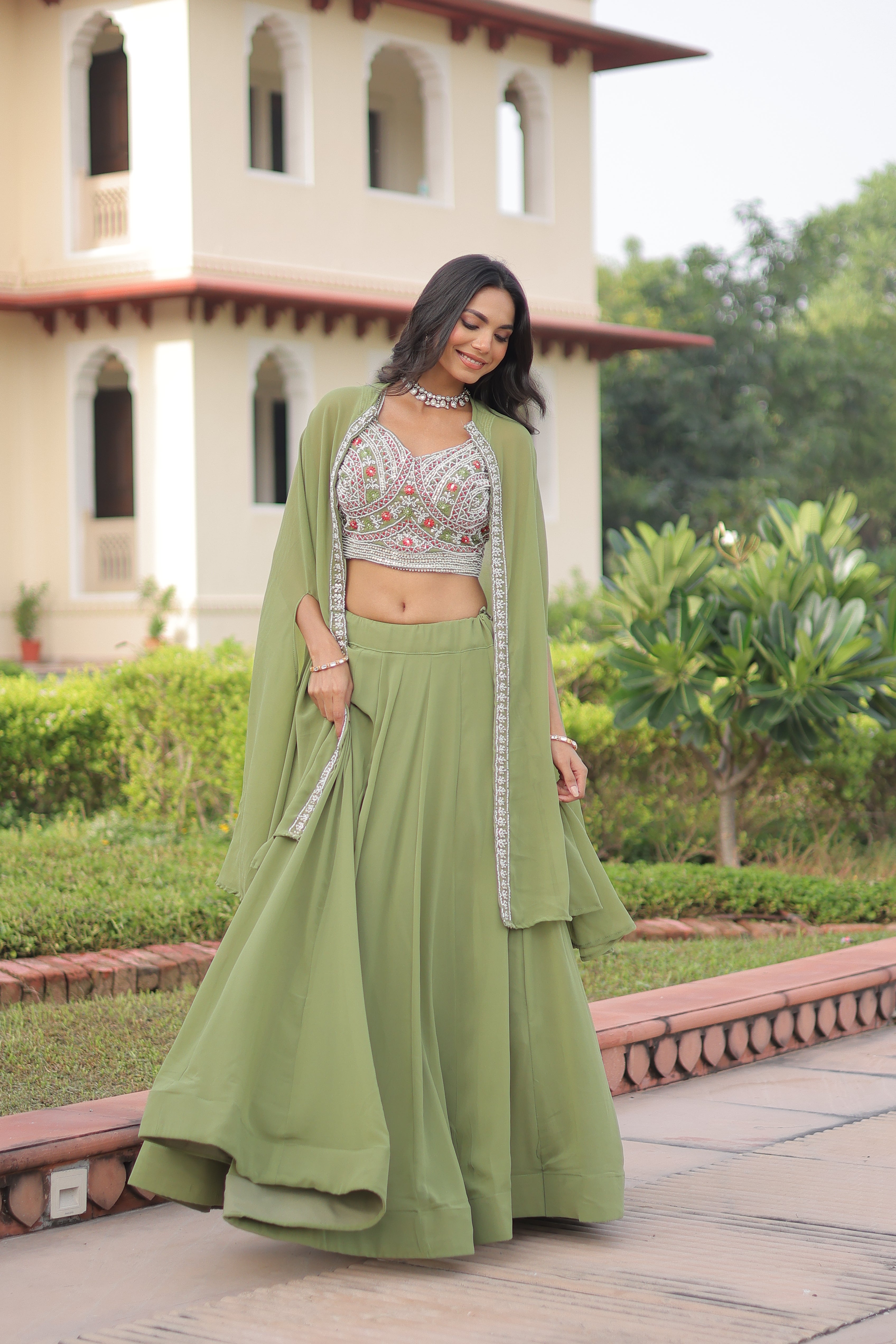 Sanika pista green faux georgette lehenga choli with beads embroidery and shrug