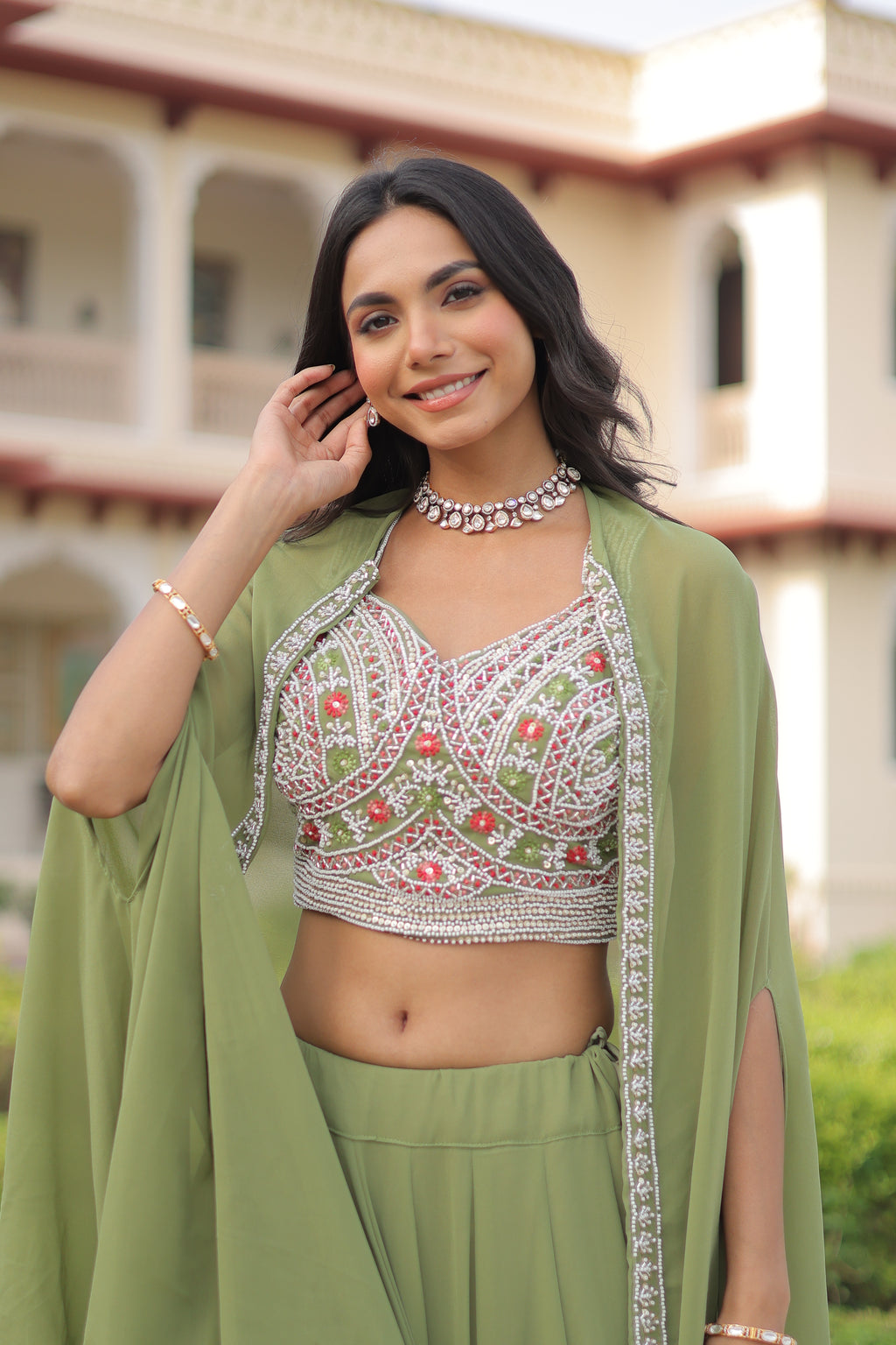 Sanika pista green faux georgette lehenga choli with beads embroidery and shrug