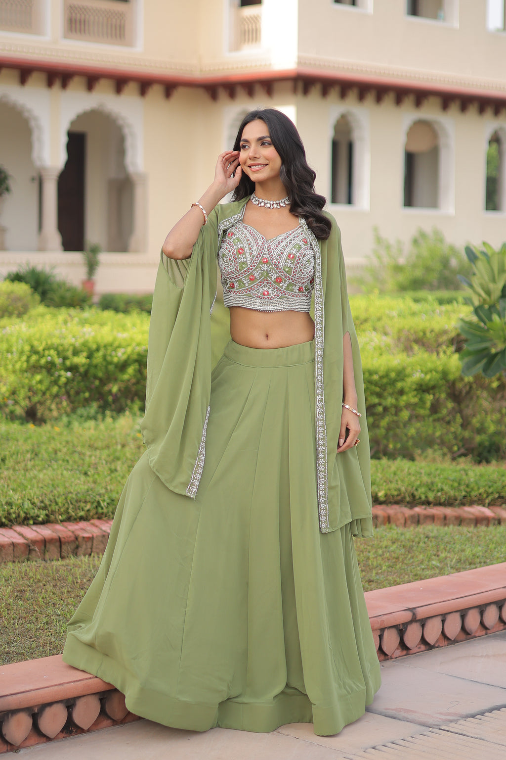 Sanika pista green faux georgette lehenga choli with beads embroidery and shrug