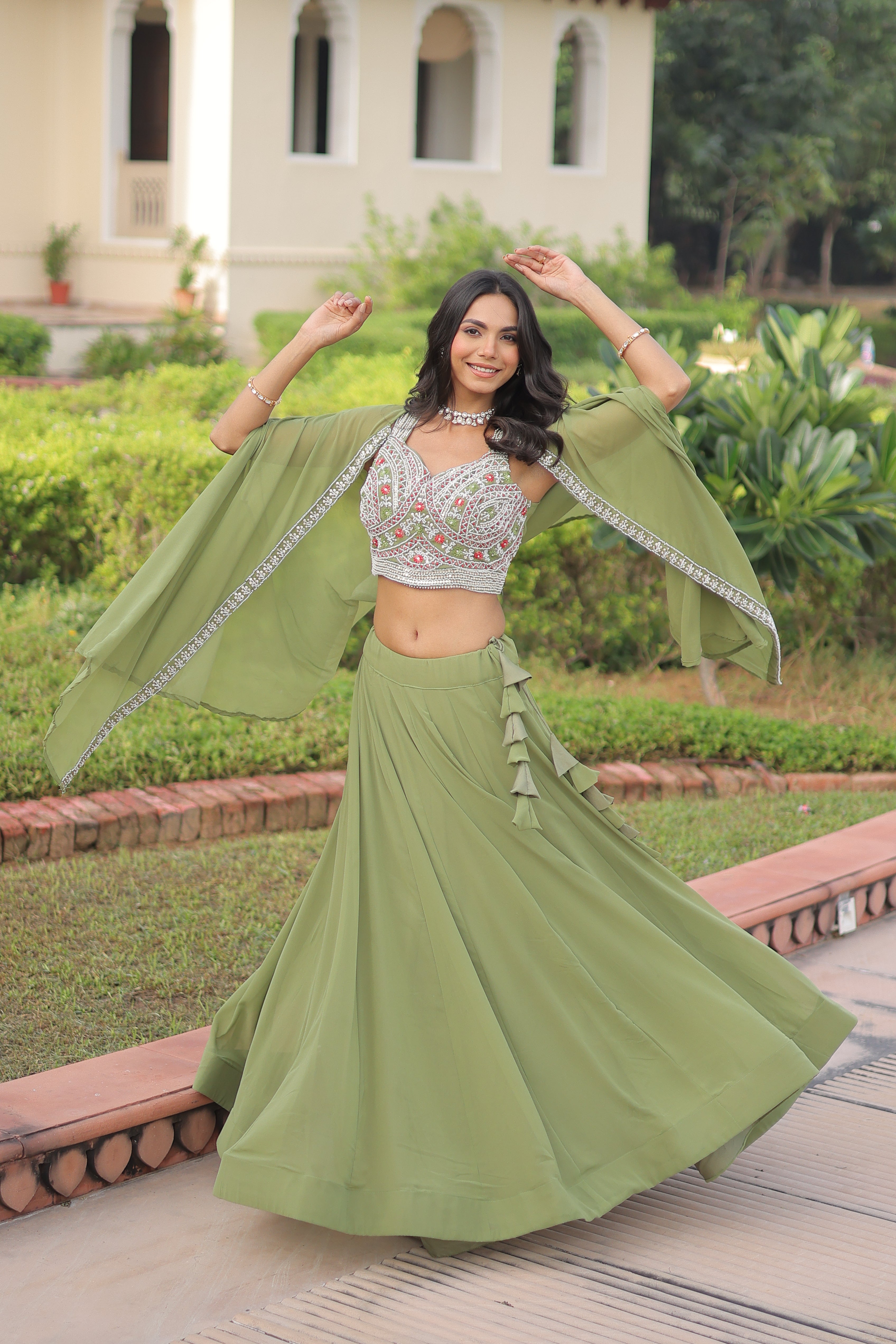 Sanika Pista Green Faux Georgette Beads Embroidery Lehenga Choli with Shrug