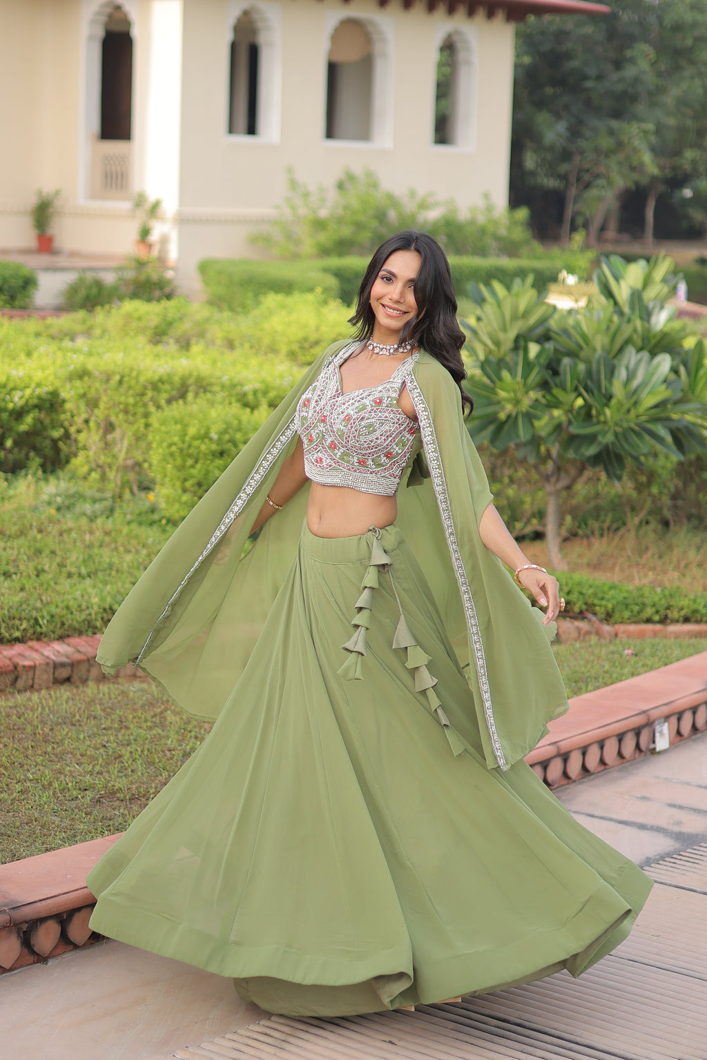 Sanika pista green faux georgette lehenga choli with beads embroidery and shrug