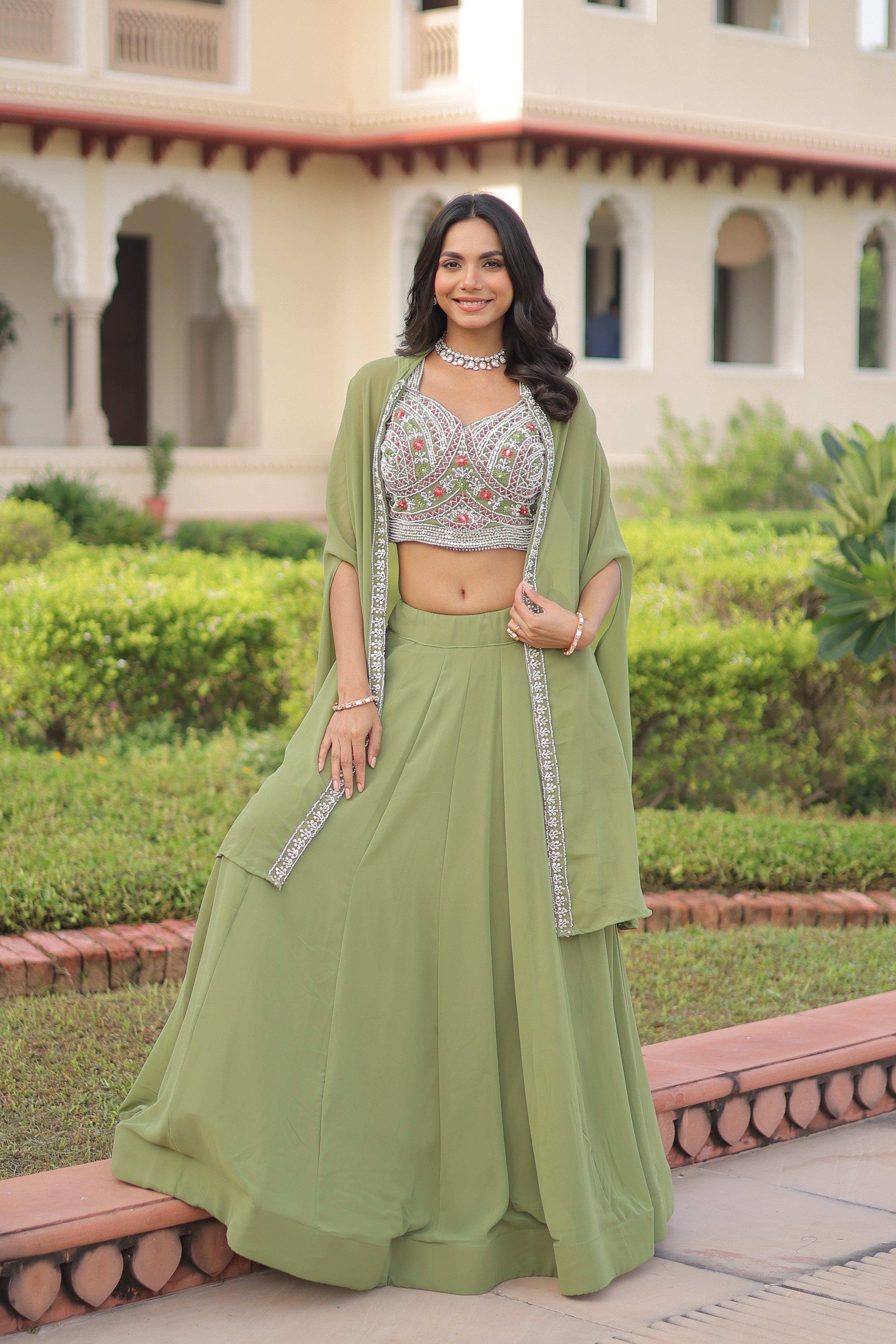 Sanika Pista Green Faux Georgette Beads Embroidery Lehenga Choli with Shrug