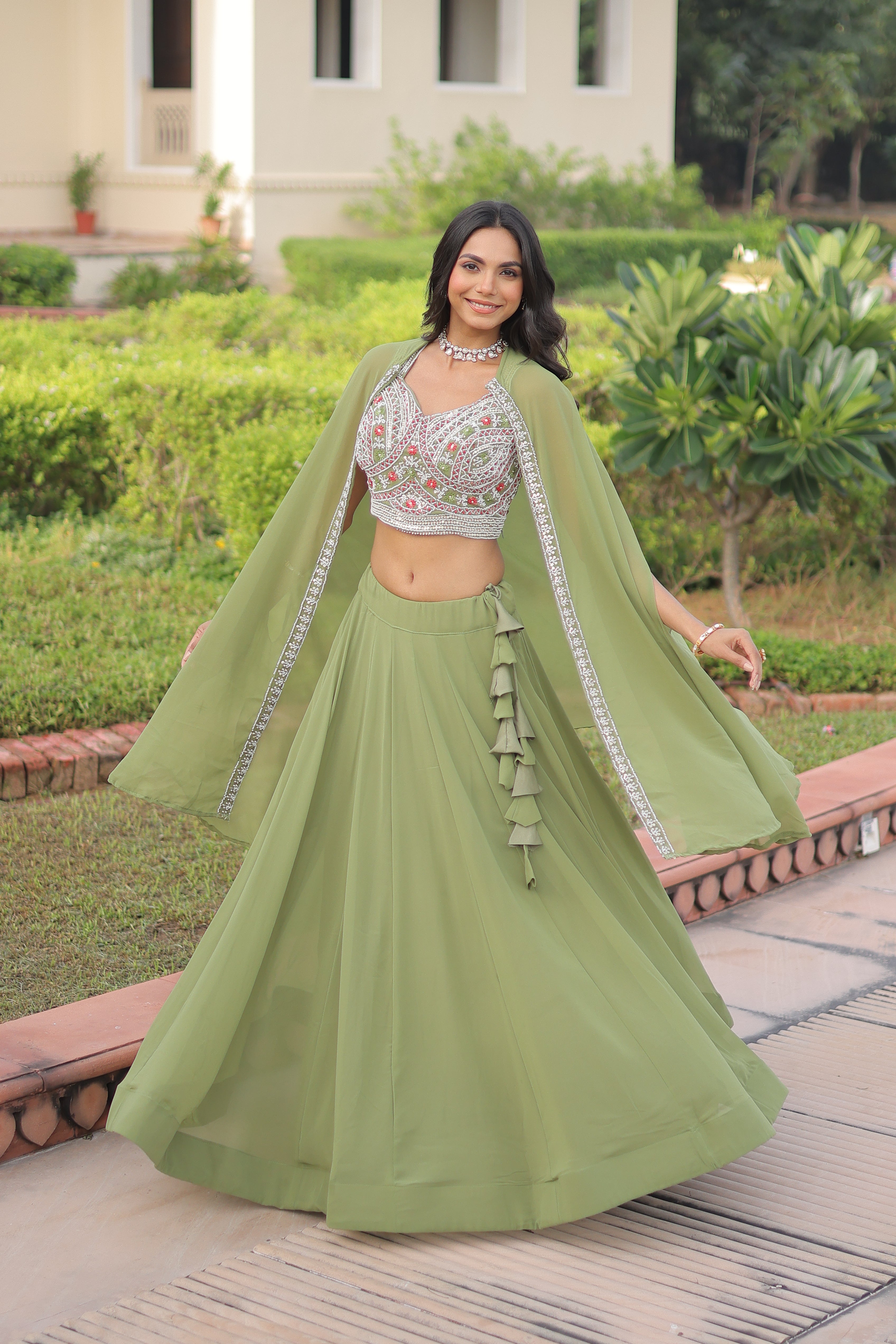 Sanika pista green faux georgette lehenga choli with beads embroidery and shrug