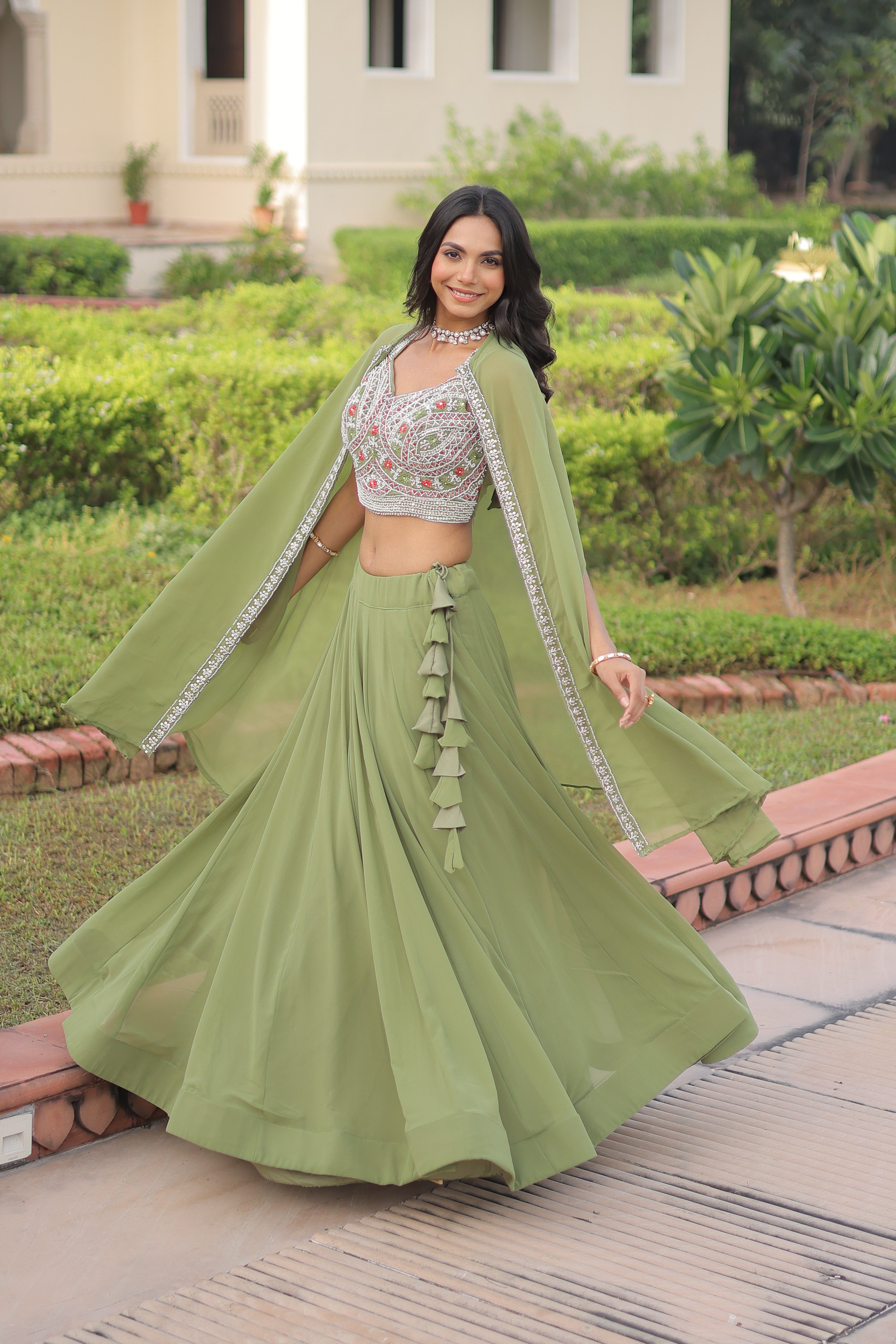 Sanika pista green faux georgette lehenga choli with beads embroidery and shrug